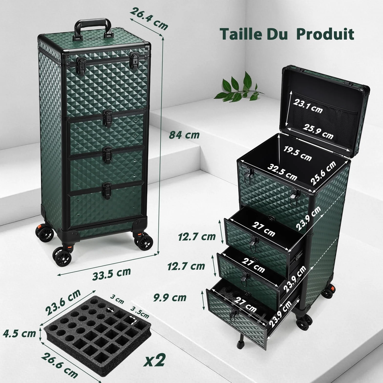 Valise de Maquillage à Roulettes Professionnelle 3 Tiroirs Verrouillage Vert