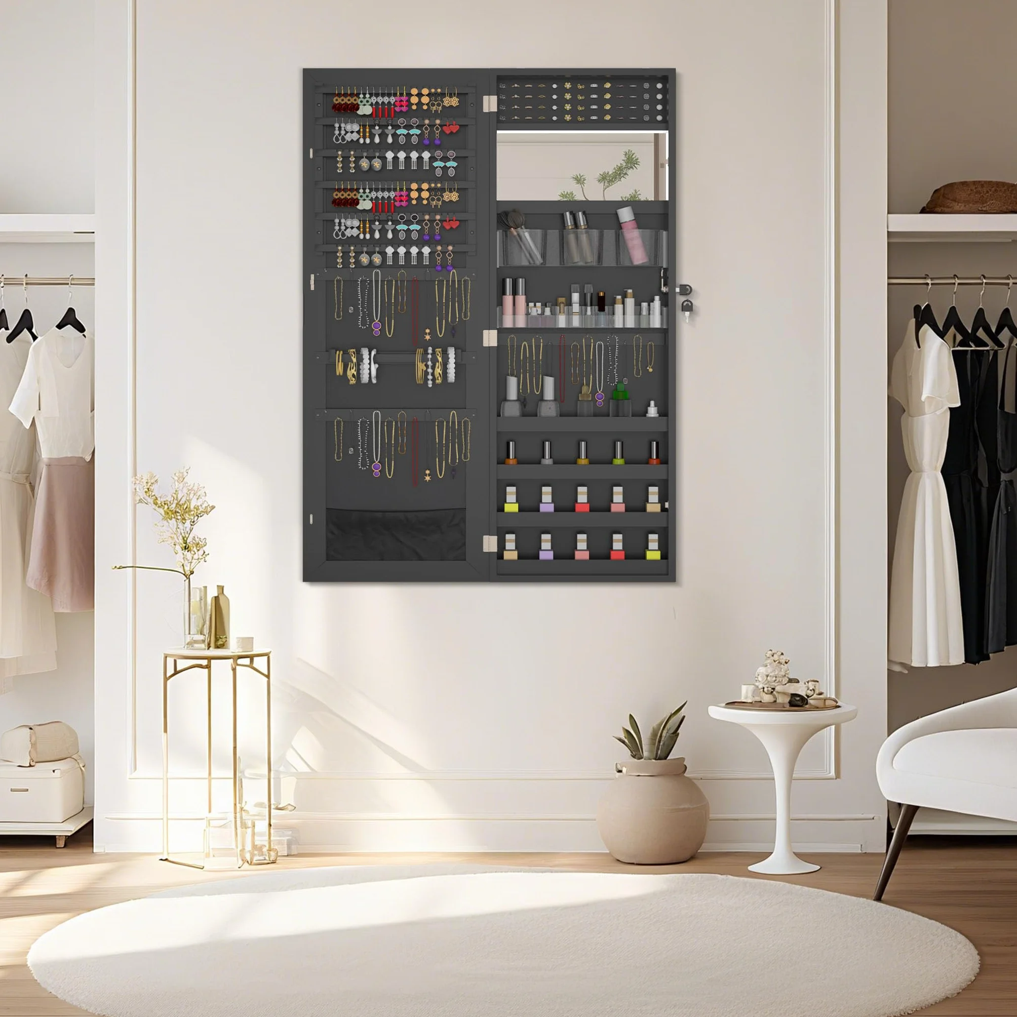 Armoire à bijoux avec miroir murale 2 en 1 107,5 x 36,5 x 9,5 cm Noir