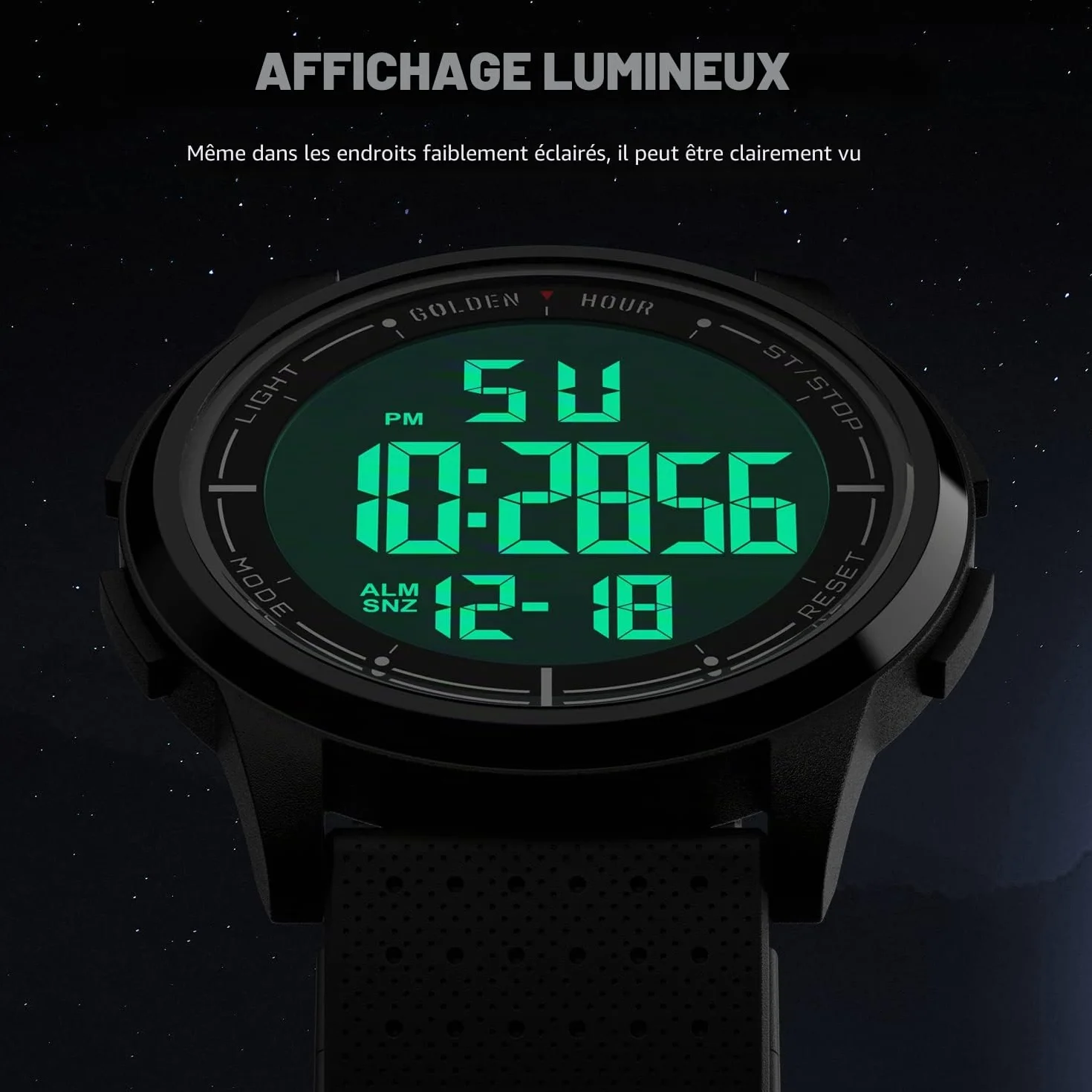 GOLDEN HOUR Montre Digitale étanche Ultra-Mince pour Hommes avec Affichage Grand Angle Bracelet en Caoutchouc