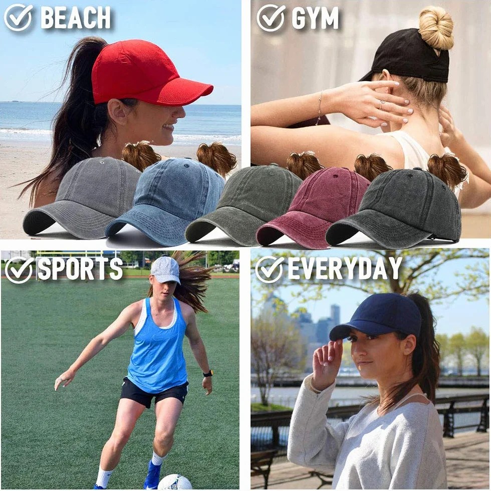 Femme Casquette de Baseball en Queue de Cheval Vintage Chapeau Camionneur Papa Cap Réglable Anti-Soleil
