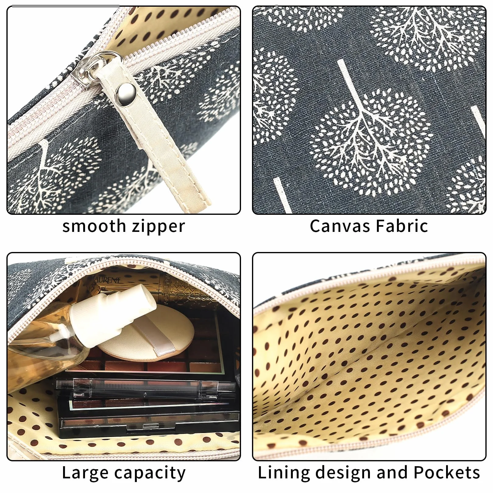 Pochette Cosmétique en Toile 4 Pièces, Sac de Toilette de Voyage avec Fermeture Éclair