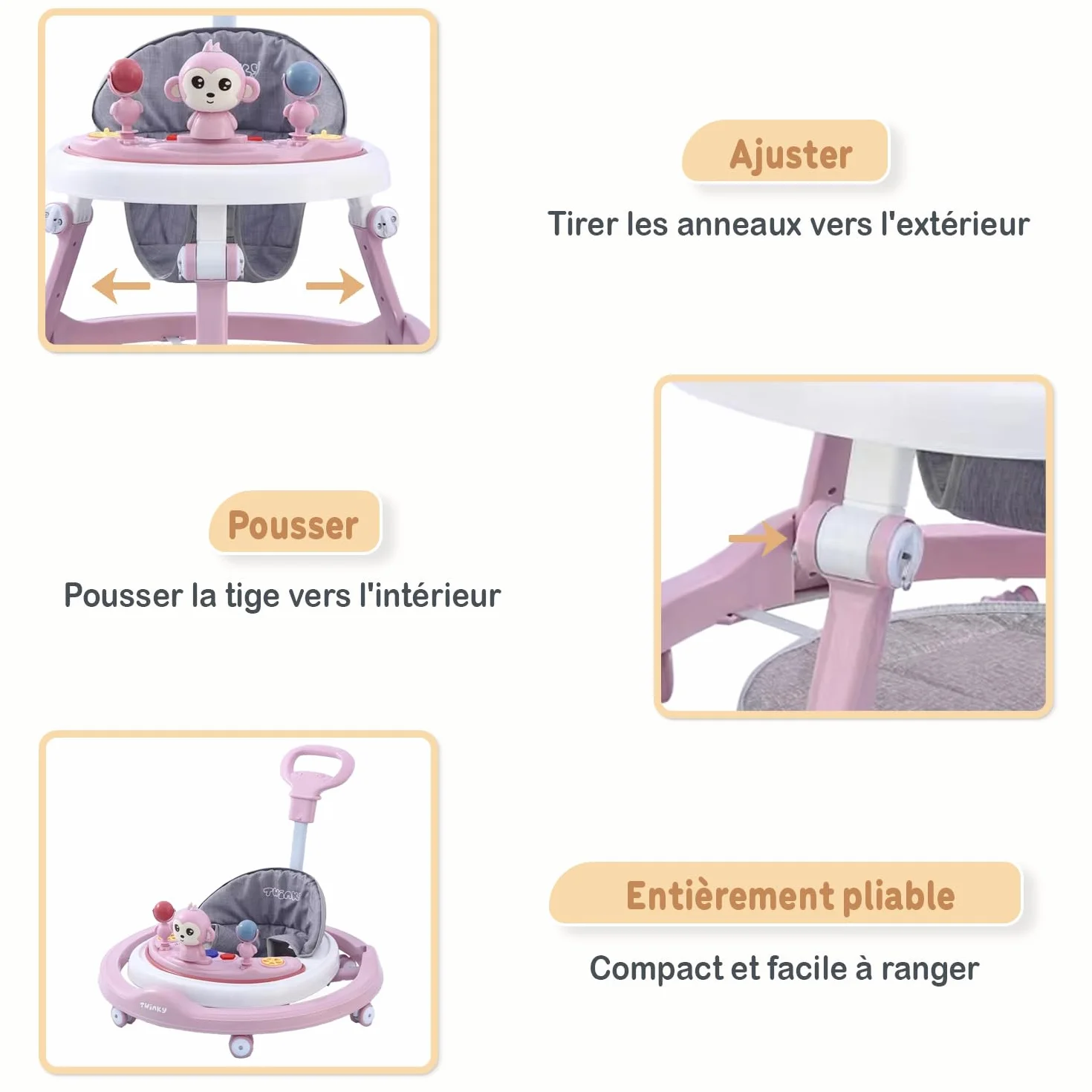 Twinky Trotteur Bebe avec ensemble de jeu et tapis de sol - Aide à la marche robuste 4 positions réglables - Rose