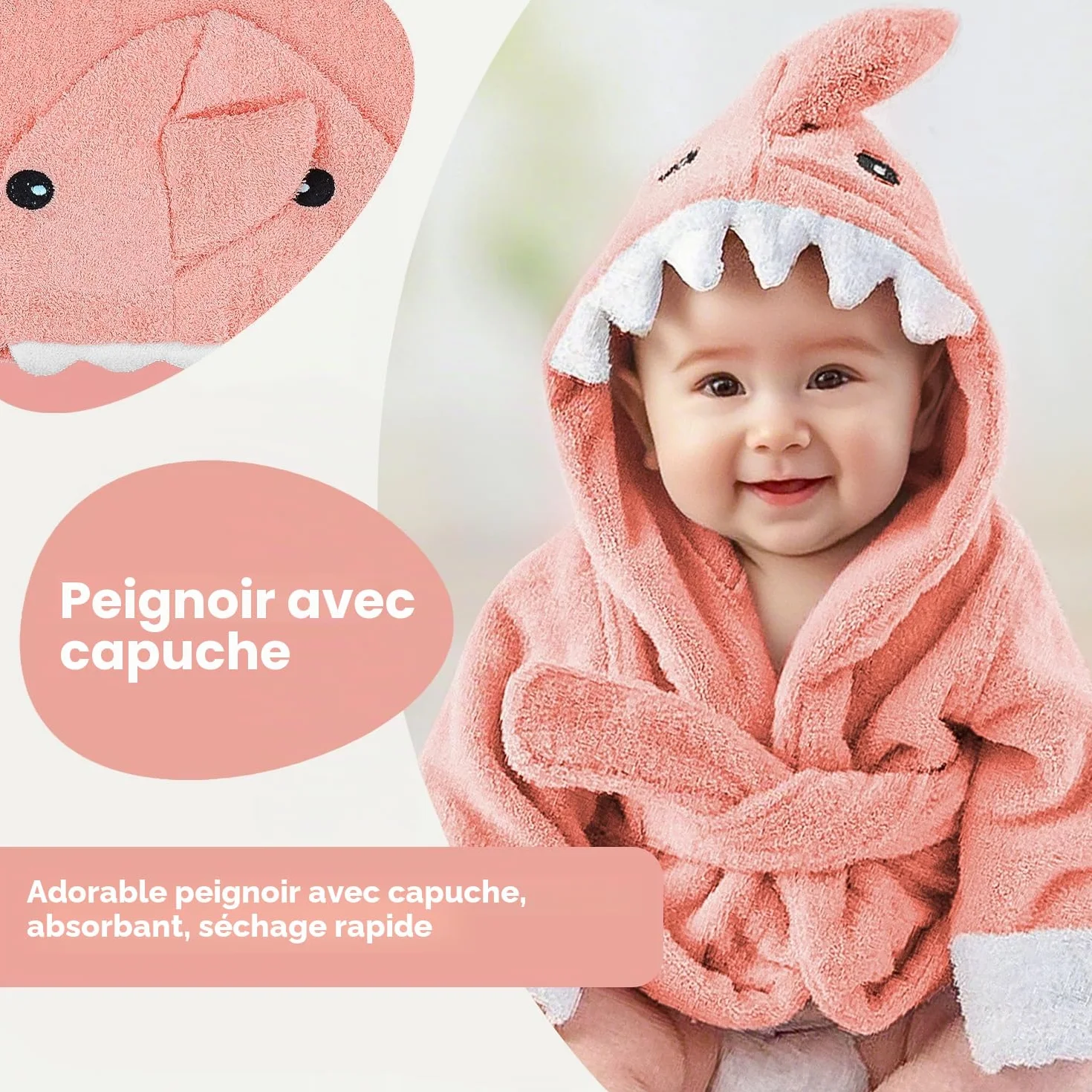 Lexikind Serviette à Capuche Bébé Peignoir de Bain Tissu Éponge Requin Rose