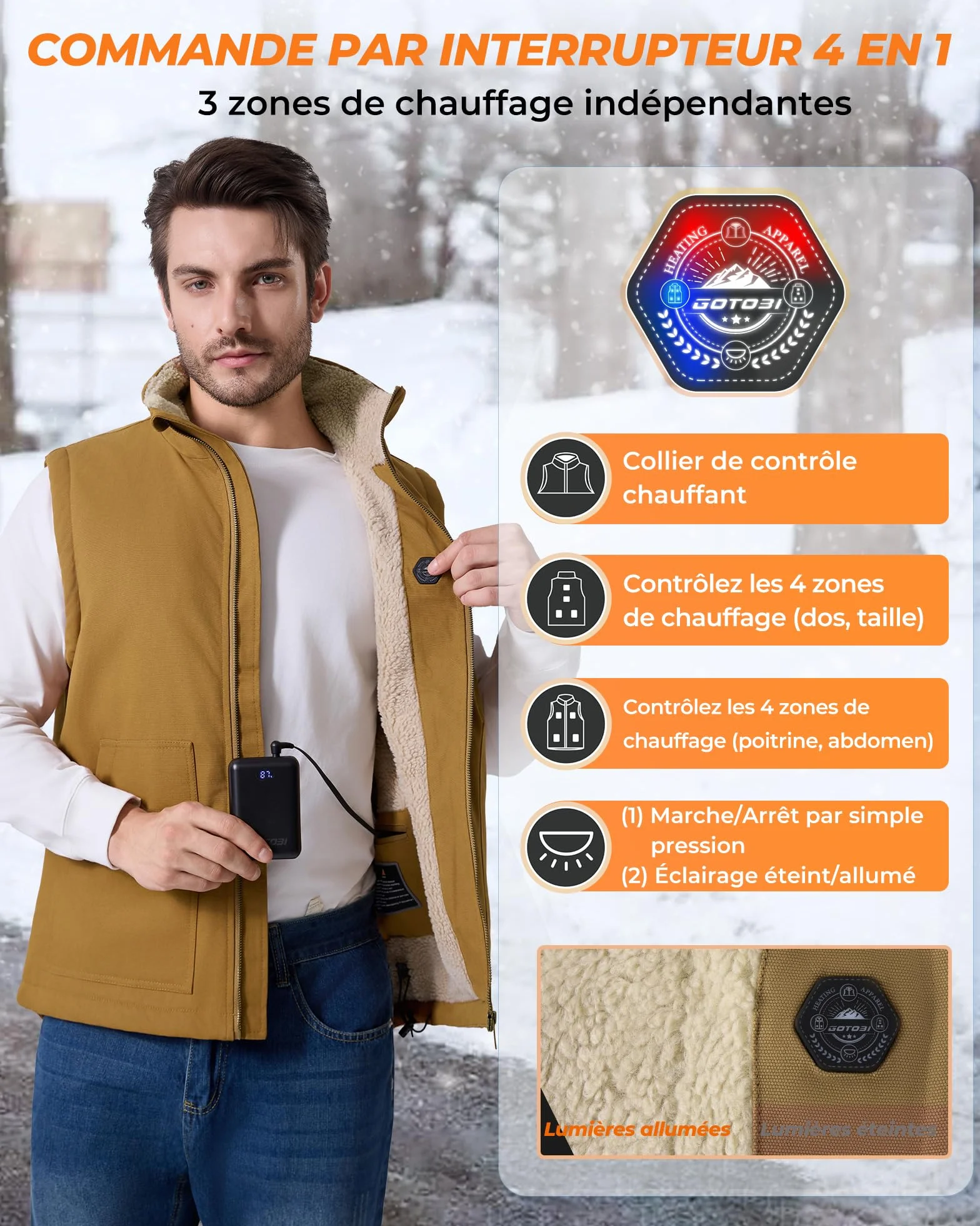 Gilet Chauffant Homme 16000mAh 7,4V 9 Zones 3 Températures Veste Polaire Coupe-Vent