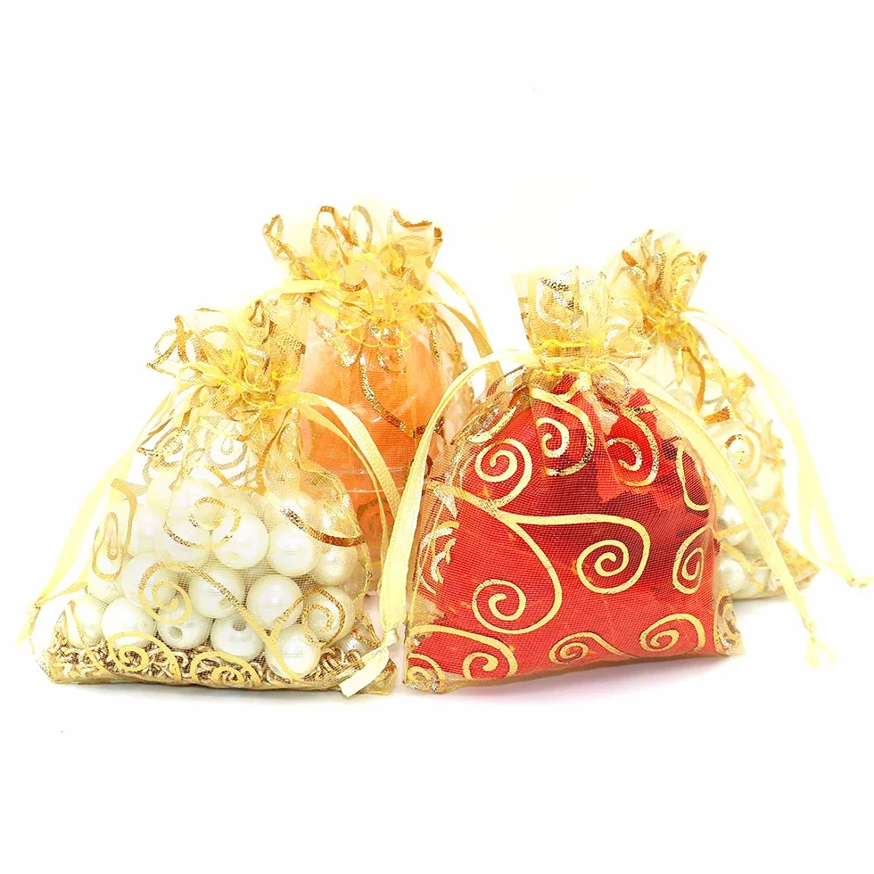 STARUBY Lot de 100 sachets en organza 8x10cm, sacs à cordon pour bijoux, imprimés rotin mariage Noël