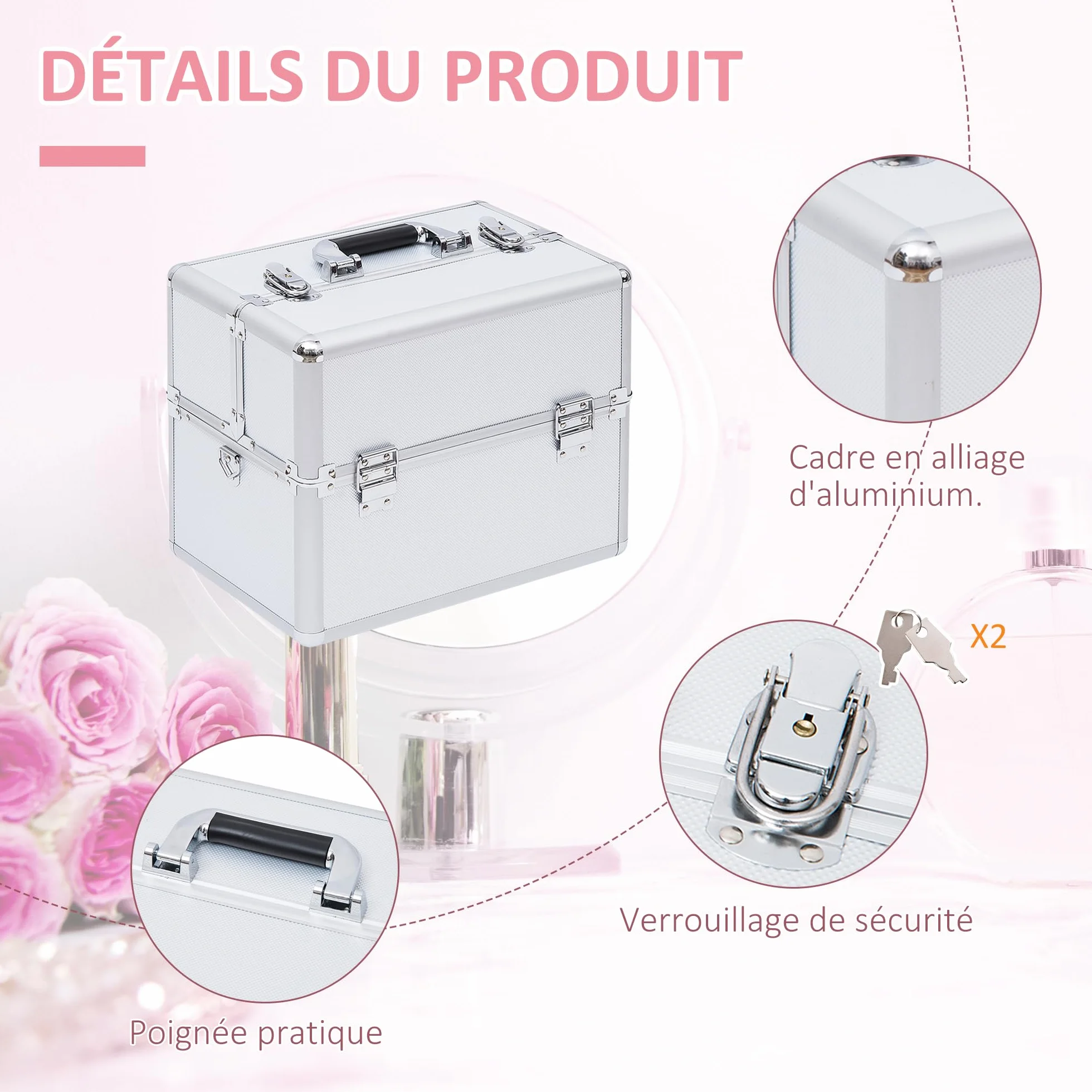 HOMCOM Mallette Maquillage Valise Cosmétique 3 Niveaux avec Clés 36,5 x 24 x 29 cm Argent