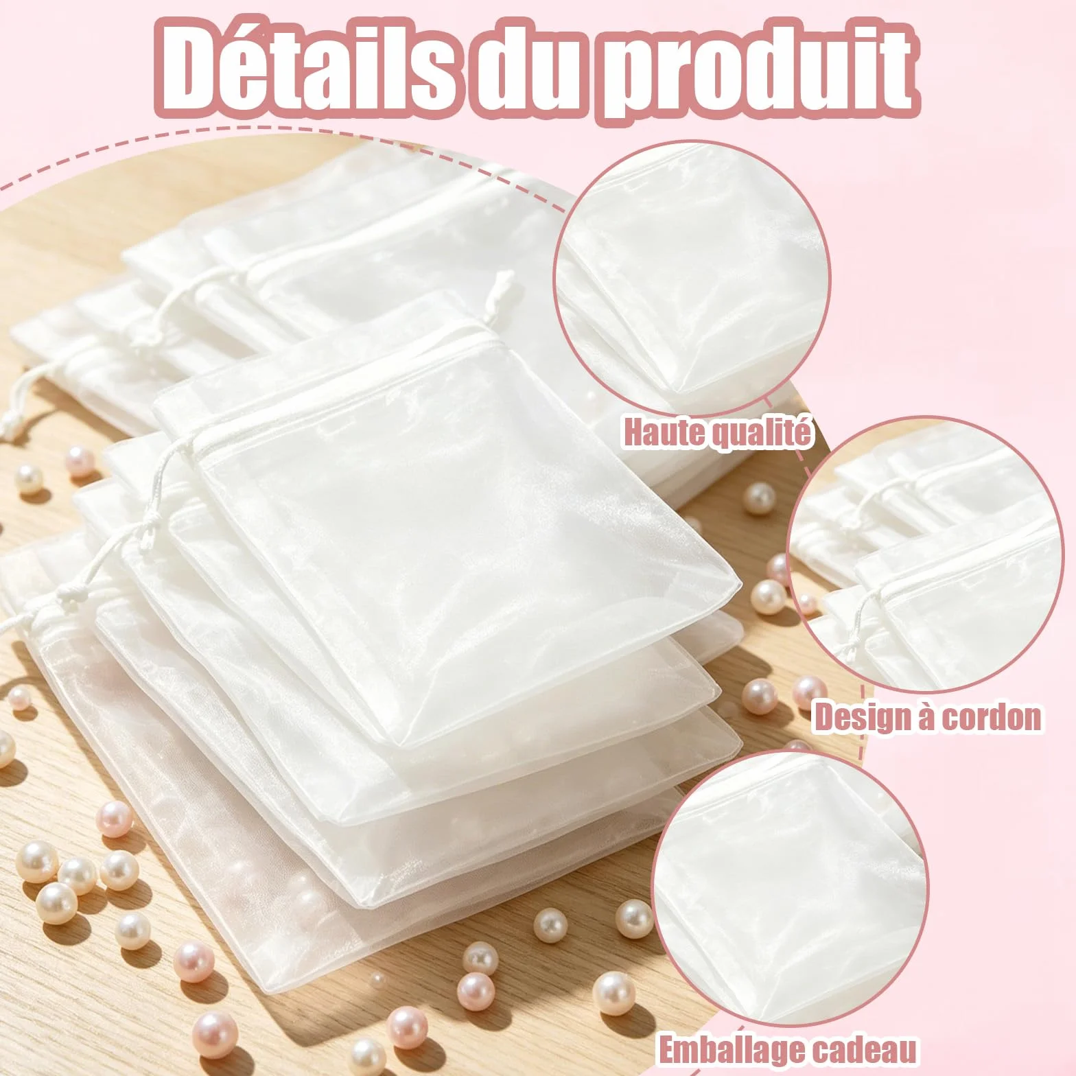Sachet Organza Blanc 7x9cm 100 pièces - Pochon Transparent Avec Cordon Pour Bijoux Mariage Cadeaux