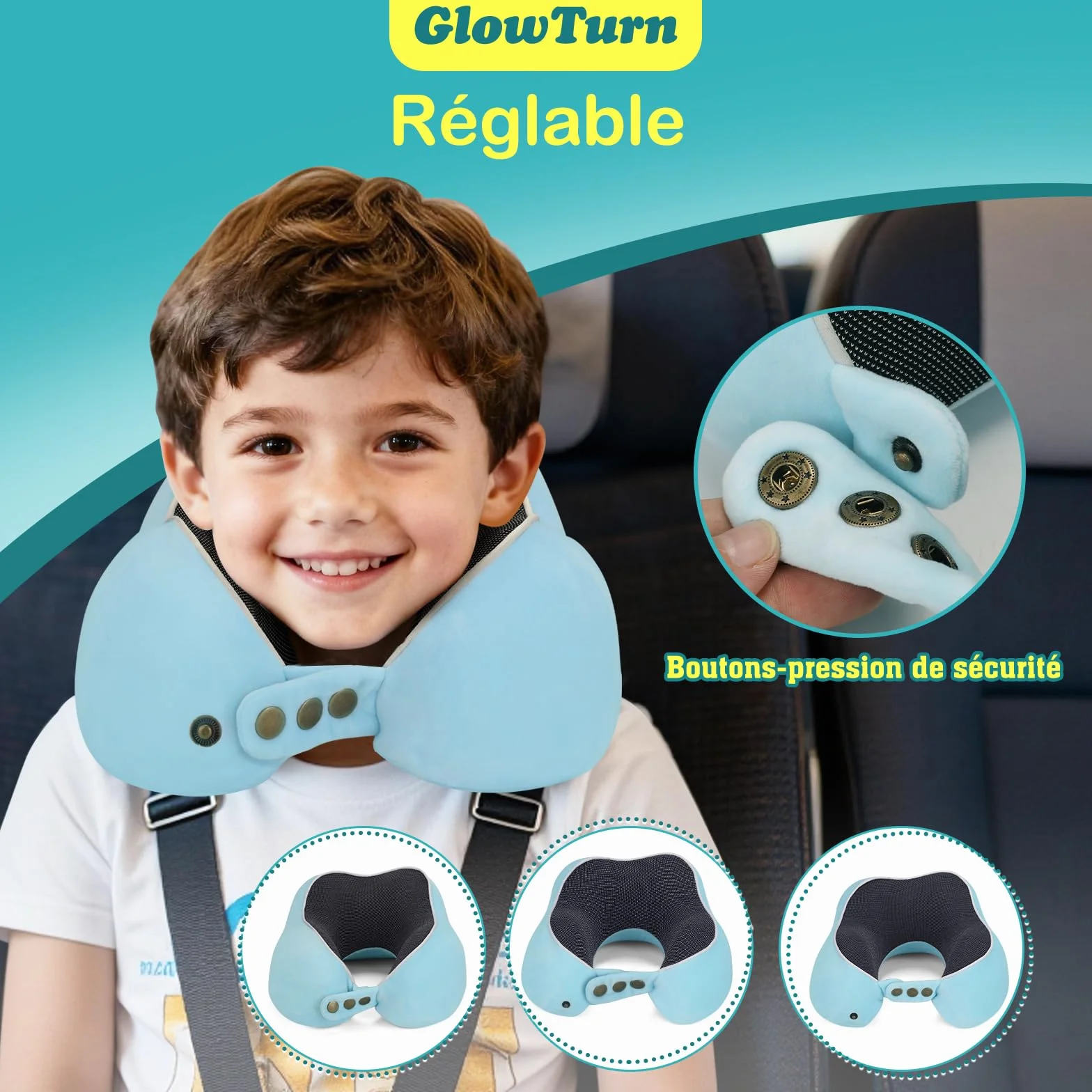 Coussin de Voyage Enfant Adulte Mousse à Mémoire 220 g Soutien 360° Réglable Pliable Avion Train Voiture Bleu