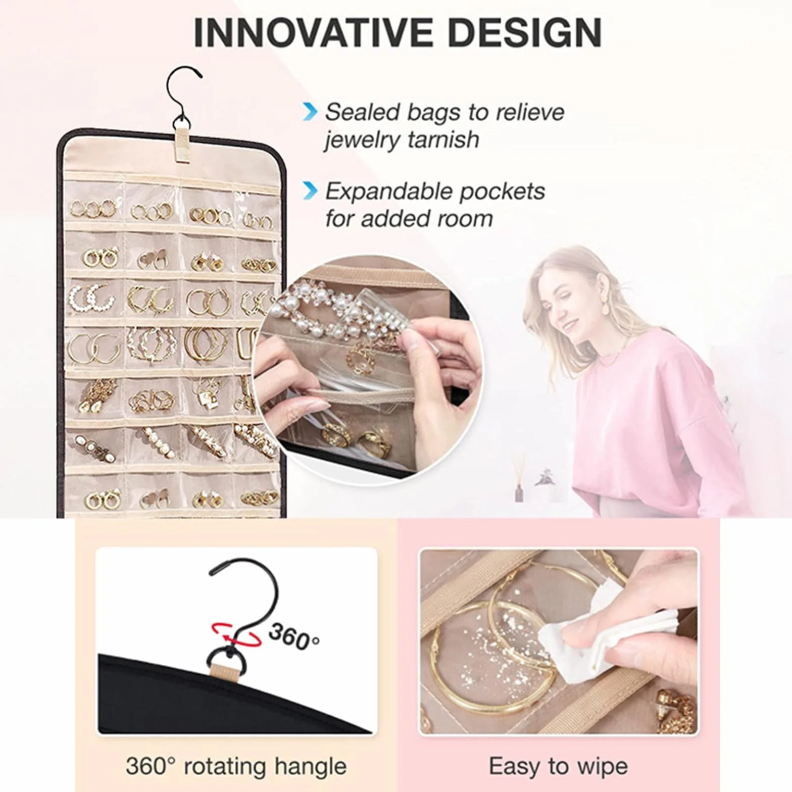 Organisateur de Bijoux à Suspendre avec Crochet Métal, Rangement Boucle d'Oreille Rotatif 360°, Double Face, Noir