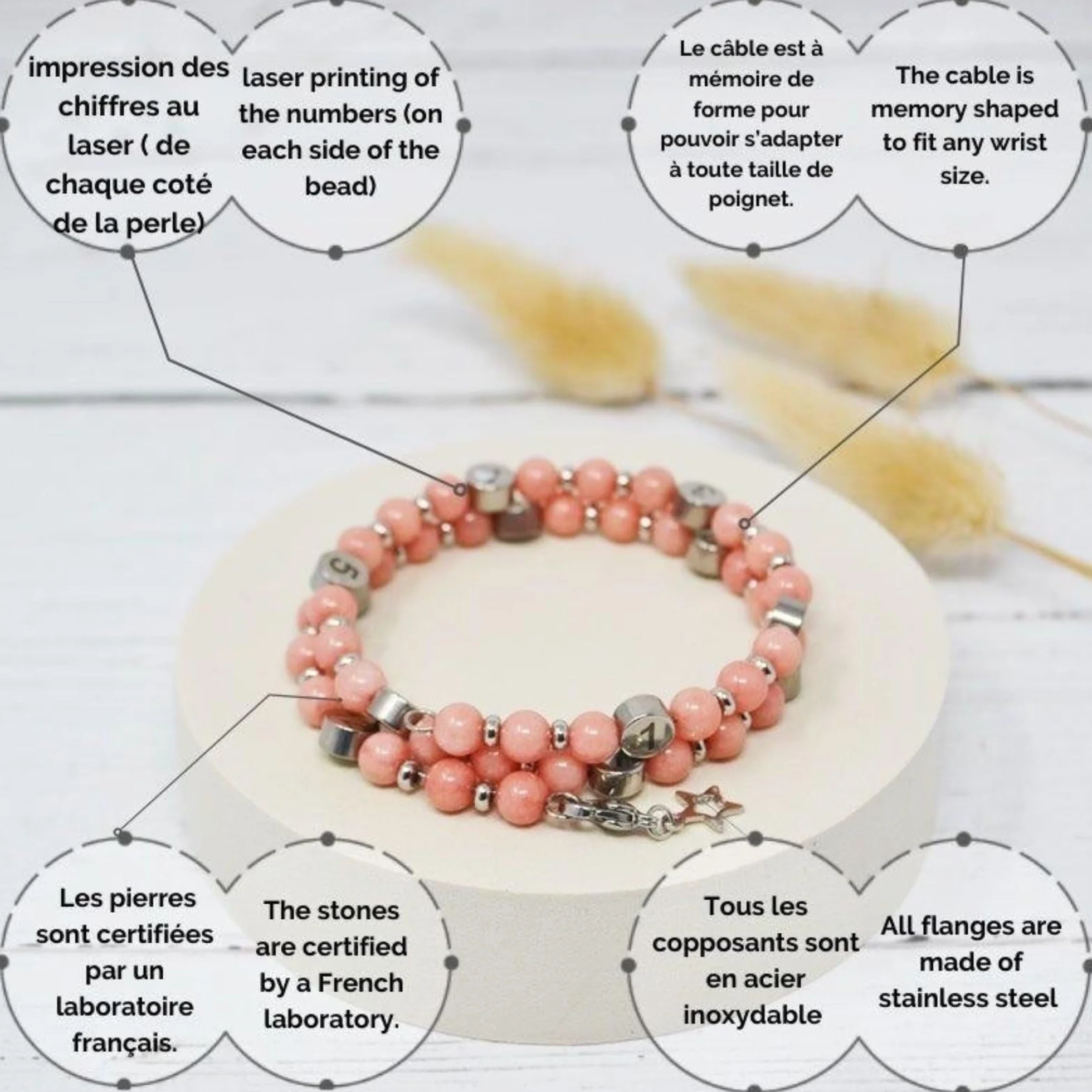 Bracelet d'Allaitement en Quartz Rose avec Suivi Précis Heures Tétées - Ajustable