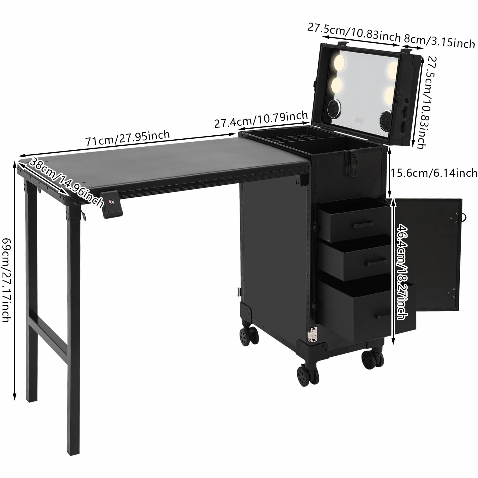 Mallette de maquillage avec miroir LED Bluetooth 3 tiroirs verrouillable 71 x 38 cm Noir