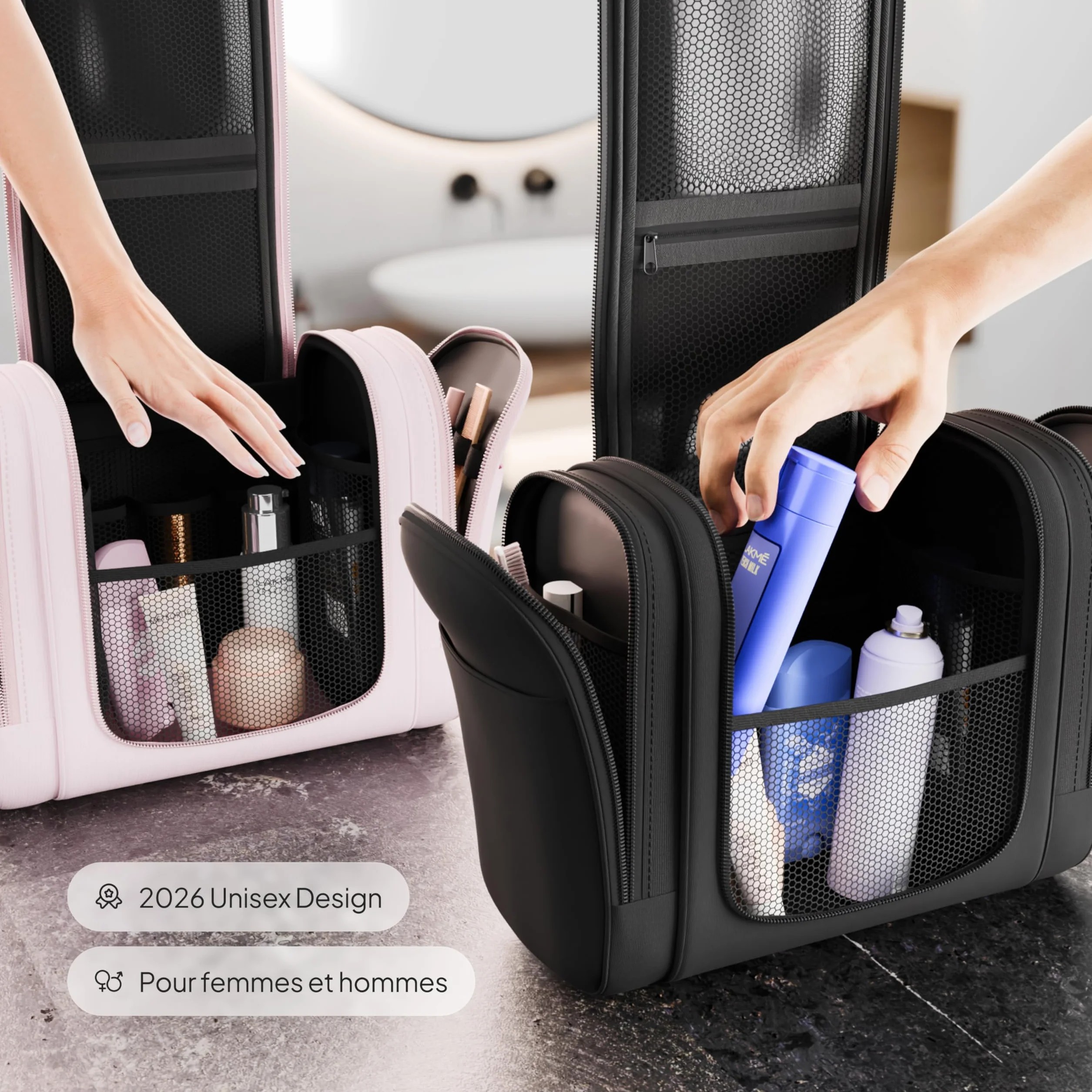 Travelaner® Trousse de Toilette Homme Femme 3-en-1 Voyage Suspendre 7L Imperméable Noir Mat
