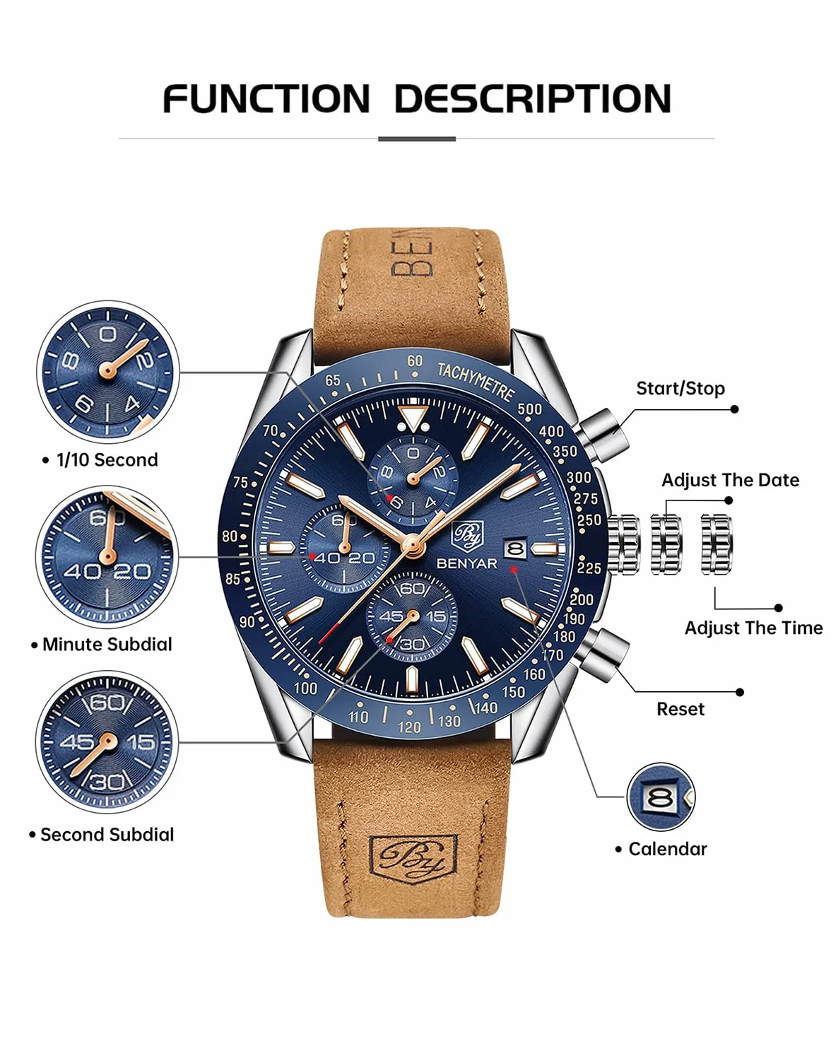 BENYAR Montre Homme Etanche Analogique Quartz Chronographe Lumineuses Date Cadran Classique