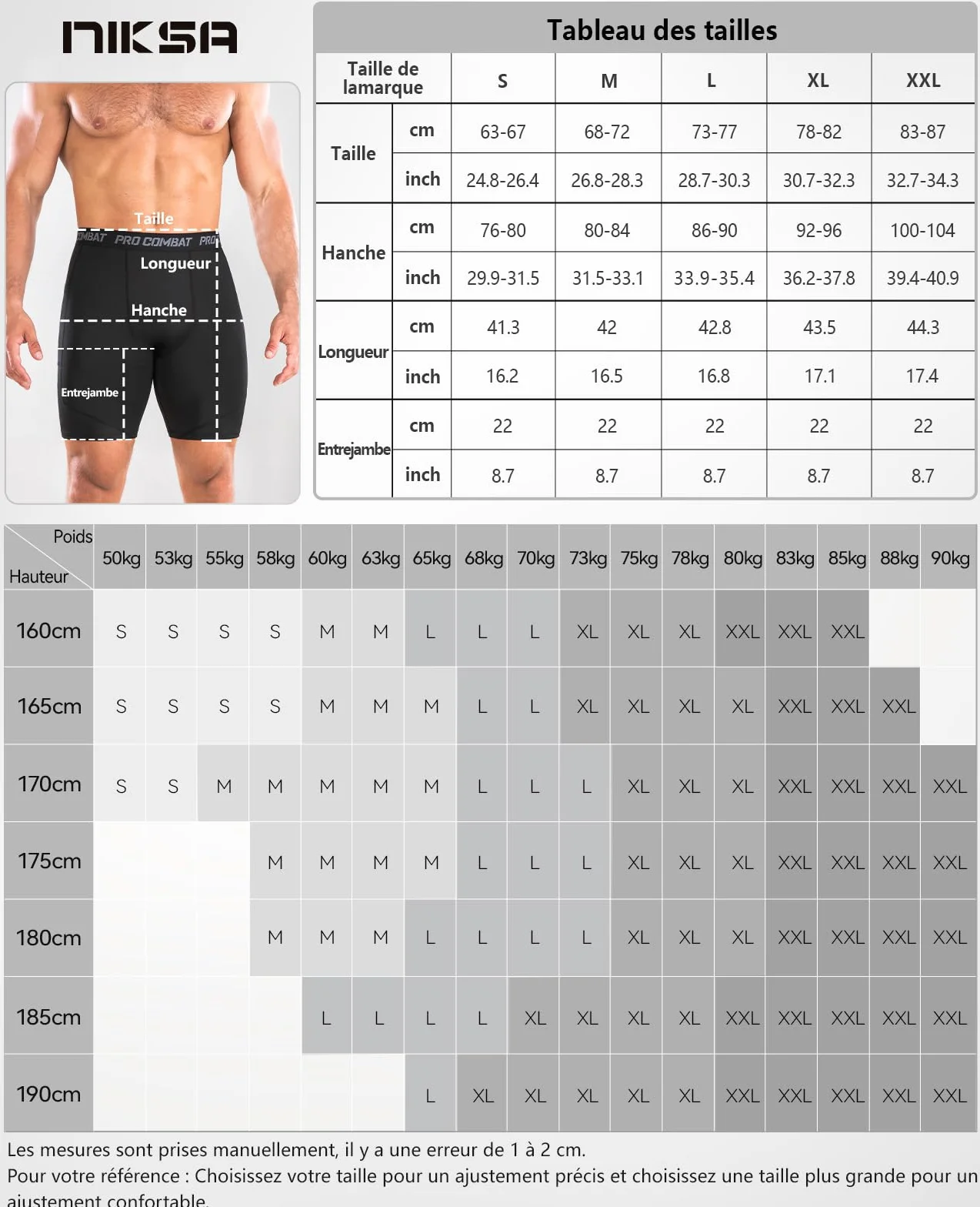 Niksa Short de Compression Homme à Séchage Rapide Respirant Sport Ajusté avec Poches pour Téléphone