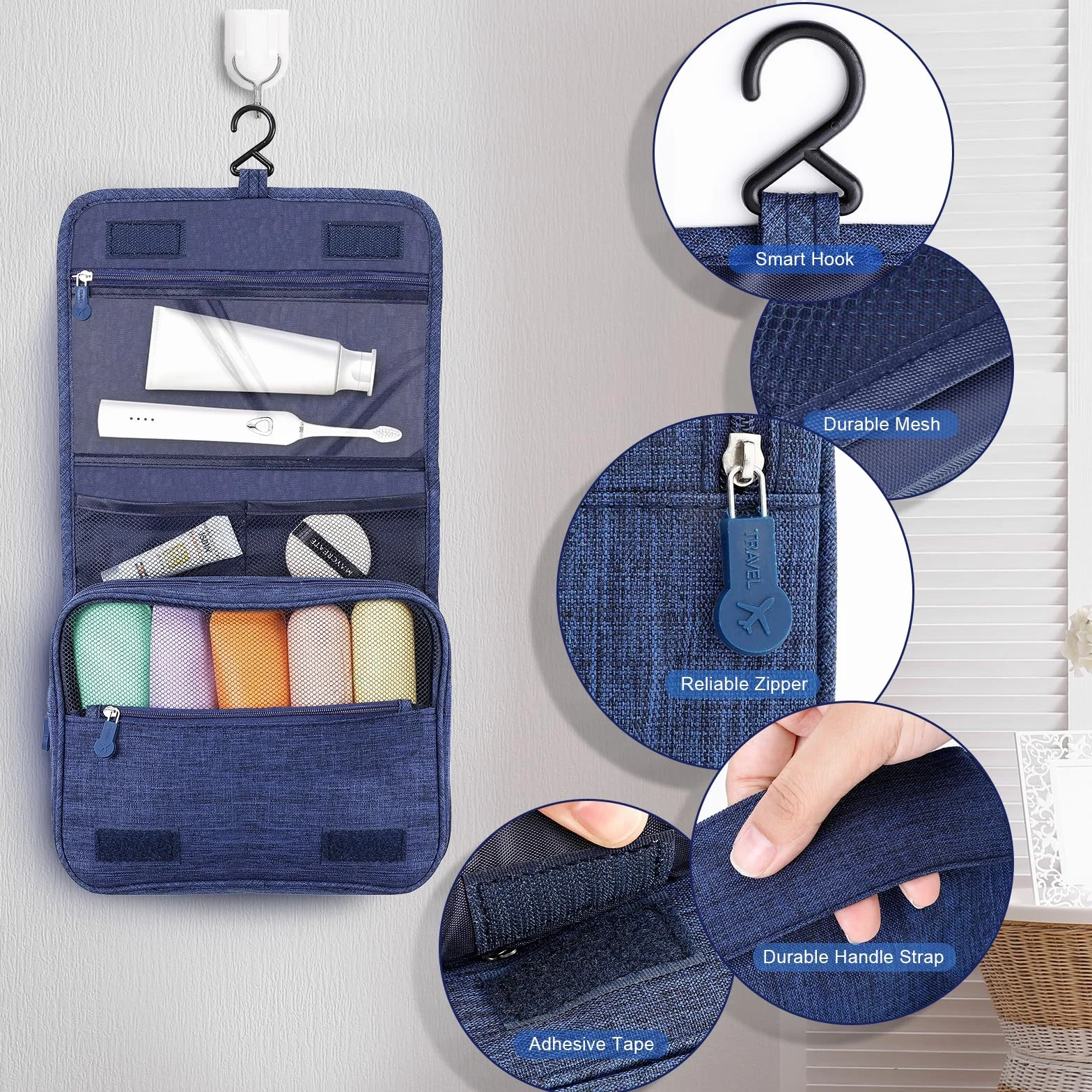 Trousse de Toilette Pliable Imperméable avec Crochets, Sac Cosmétique de Voyage Multifonction