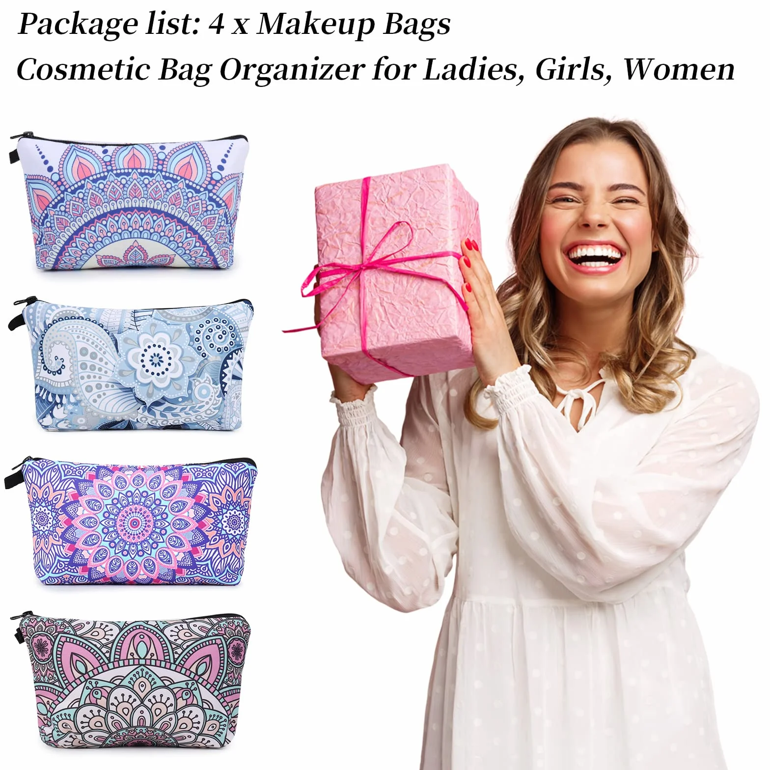 Czemo 4 Pcs Trousse à Maquillage Femme Sac à Cosmétiques en Toile Imprimé Sac de Rangement Voyage