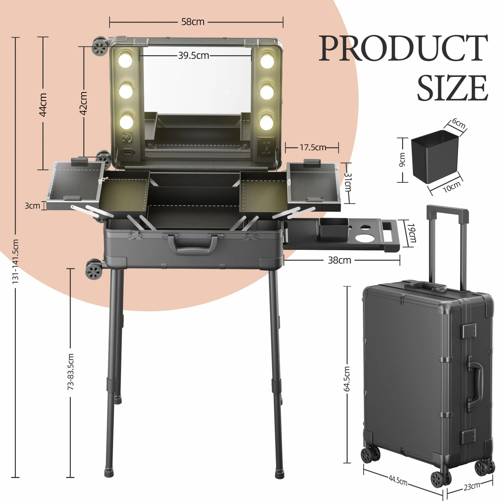 Valise de Maquillage à Roulettes en Aluminium avec Grand Miroir et Serrure à Code, Pliable pour Voyage et Studio