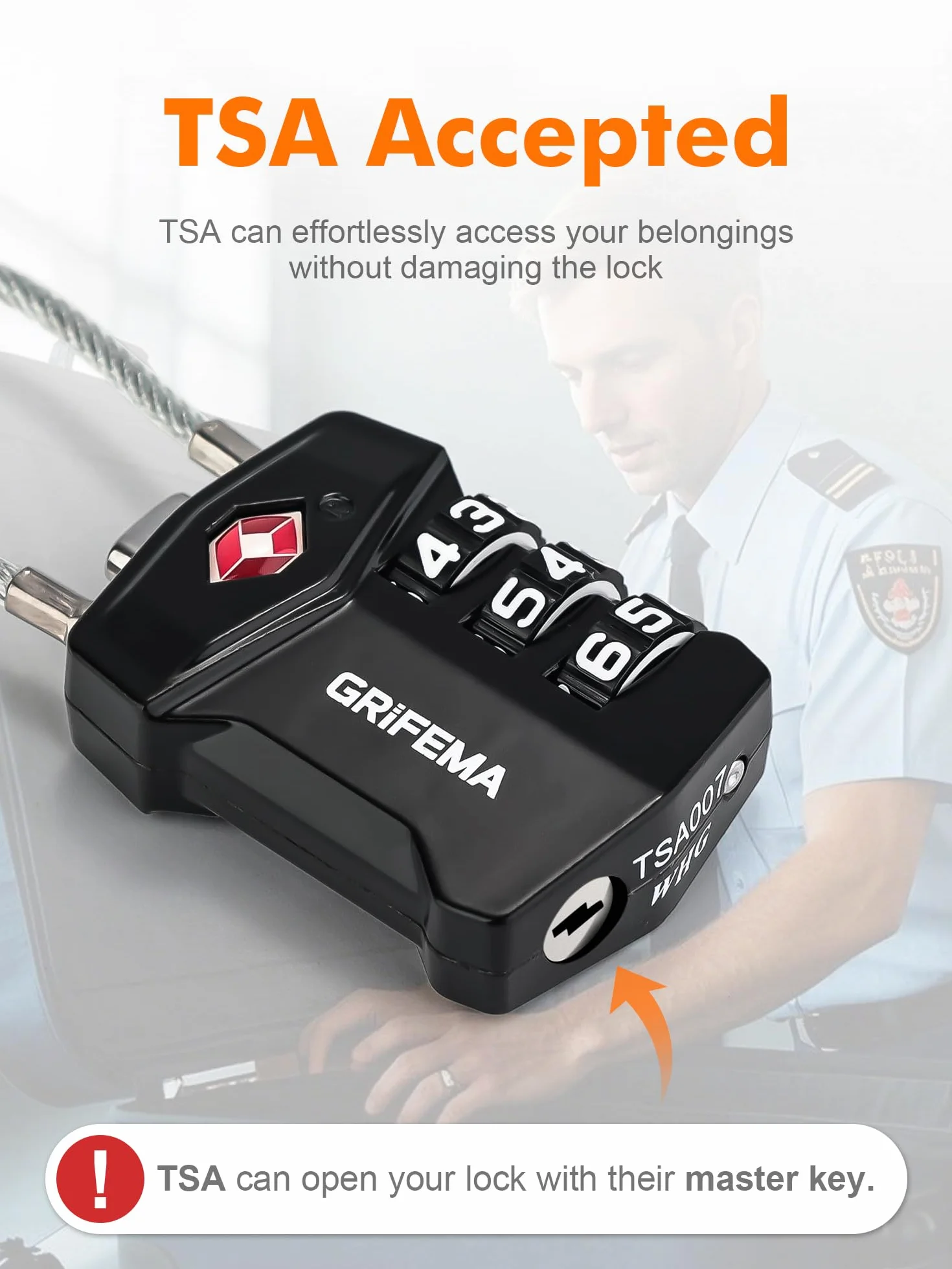 GRIFEMA Cadenas à Combinaison 3 Chiffres TSA, Câble Flexible Antivol Valise Bagages