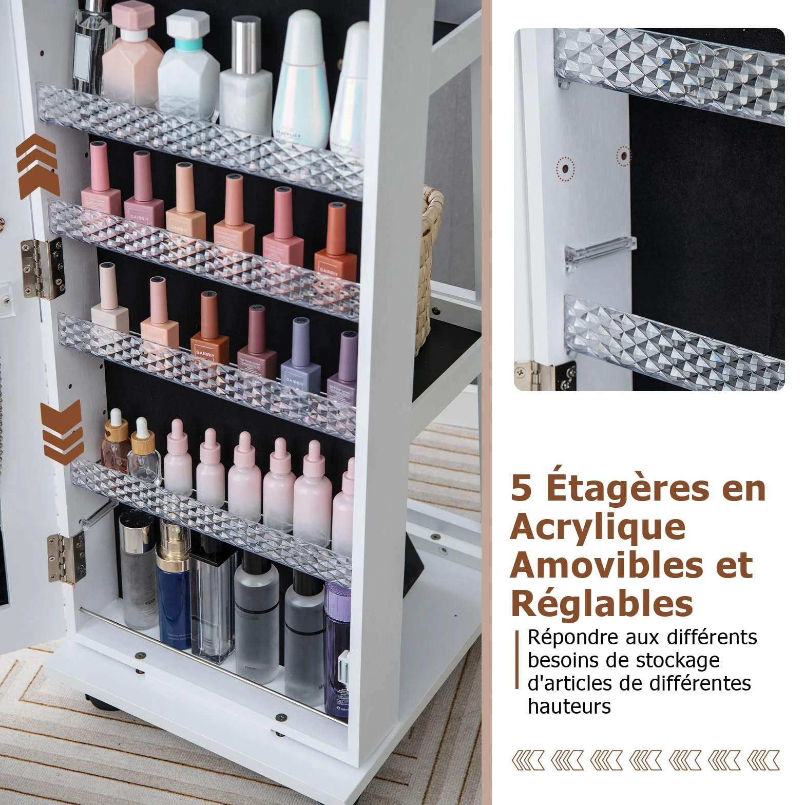 RELAX4LIF Armoire à Bijoux Roulettes 360º Miroir Pleine Longueur LED 5 Étagères Réglables Blanc
