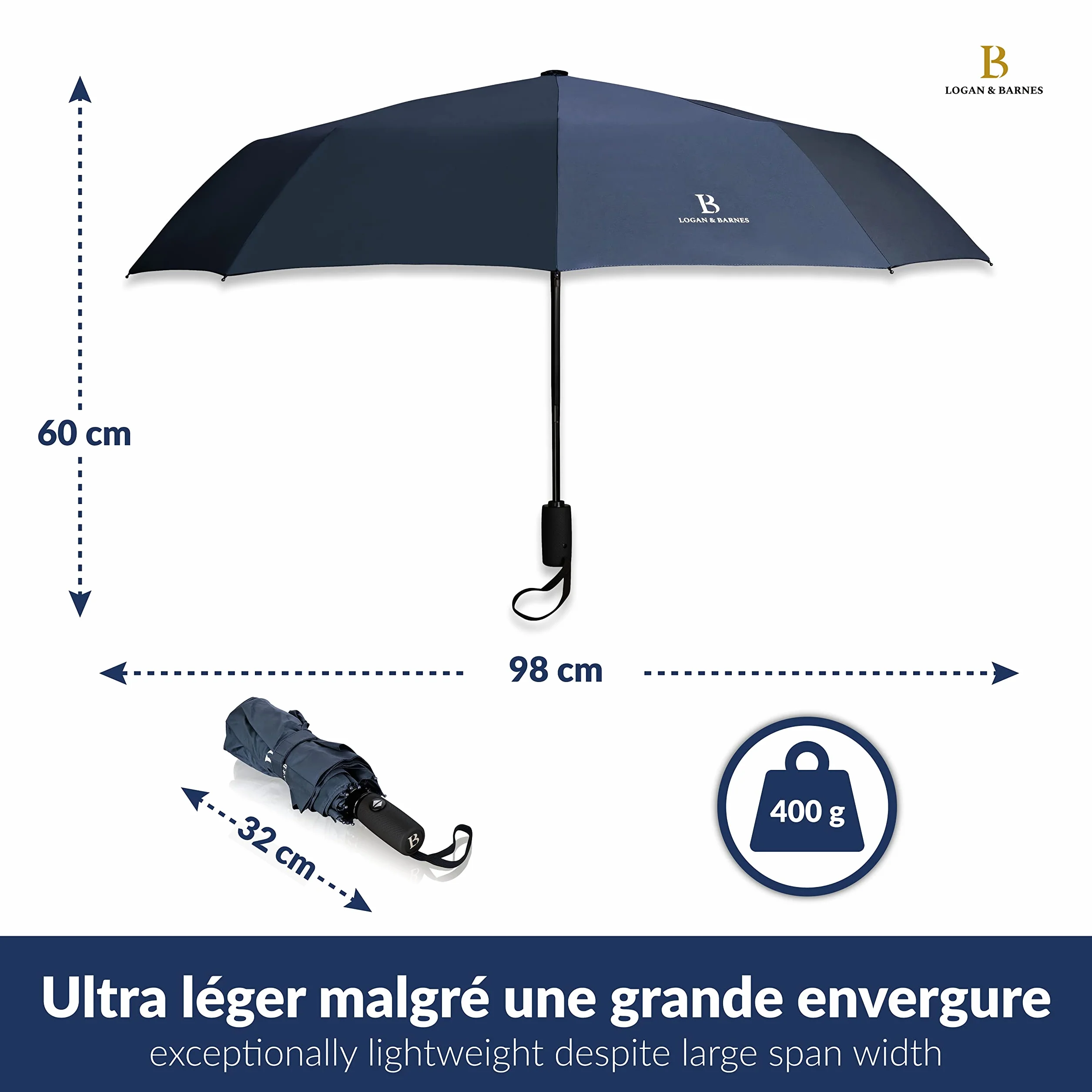 LOGAN & BARNES Parapluie résistant aux tempêtes 140 km/h – Parapluie de poche Boston revêtement téflon