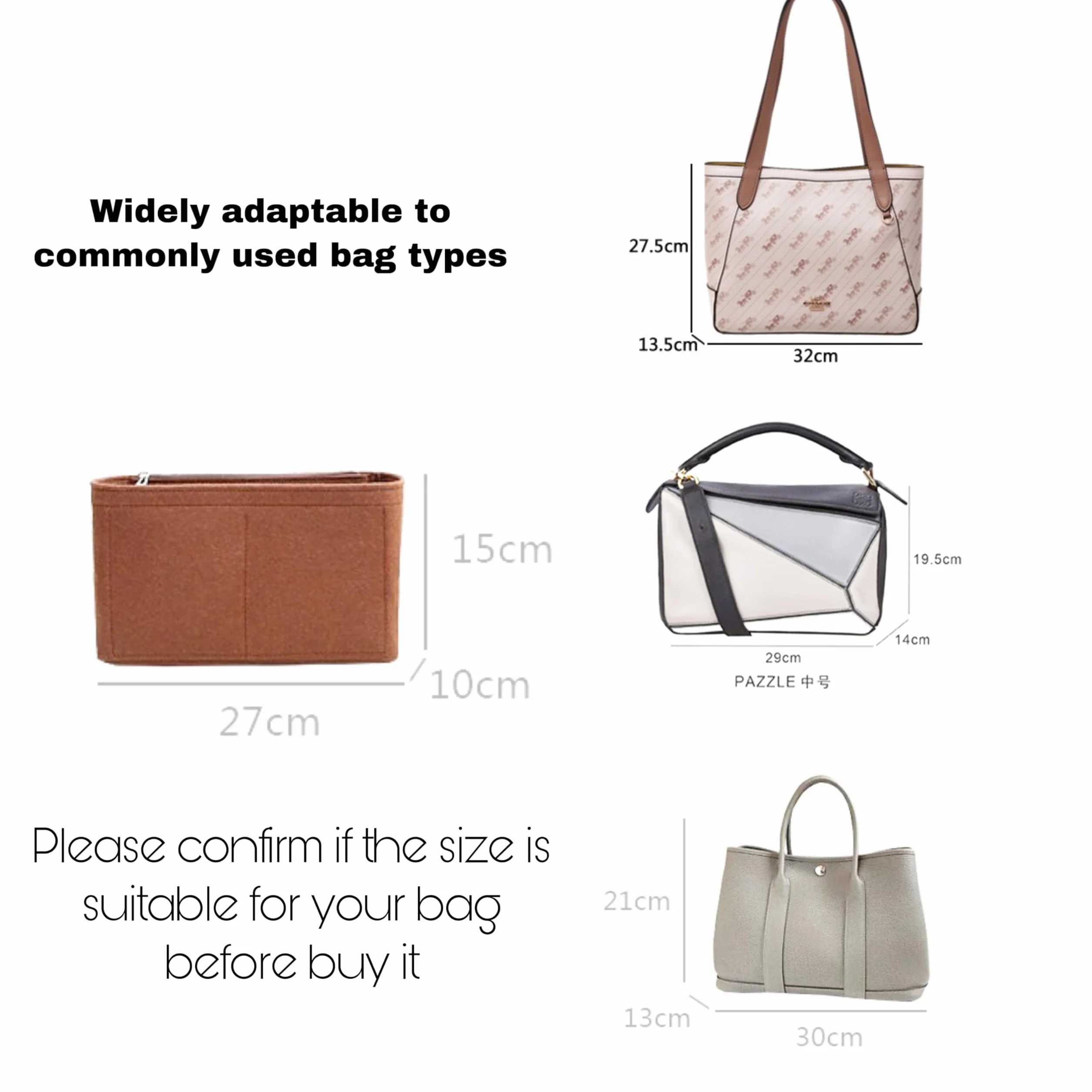 Organiseur de sac à main en feutre avec fermeture éclair, insert de rangement pour femme, beige, taille S