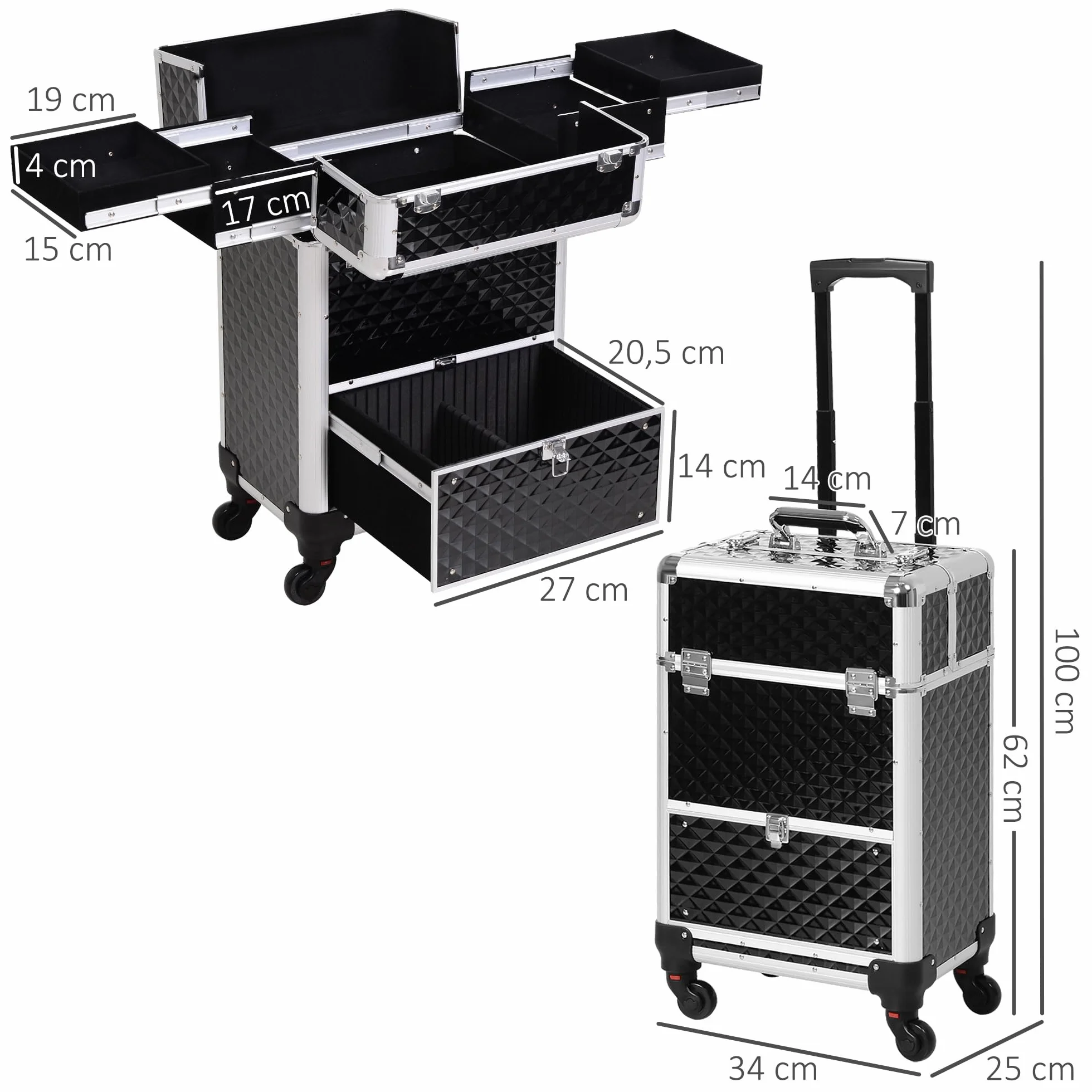 HOMCOM Valise Trolley Maquillage Mallette cosmétique Vanité poignée télescopique 34x25x62 cm alu Noir