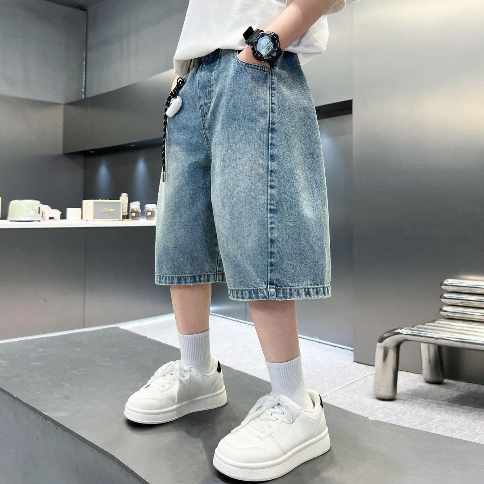 Jogging Baggy Pantalon Sport Court Solide Ample Respirant Cargo Ado Garcon Taille élastique Longueur Genou Jambe Large Streetwear