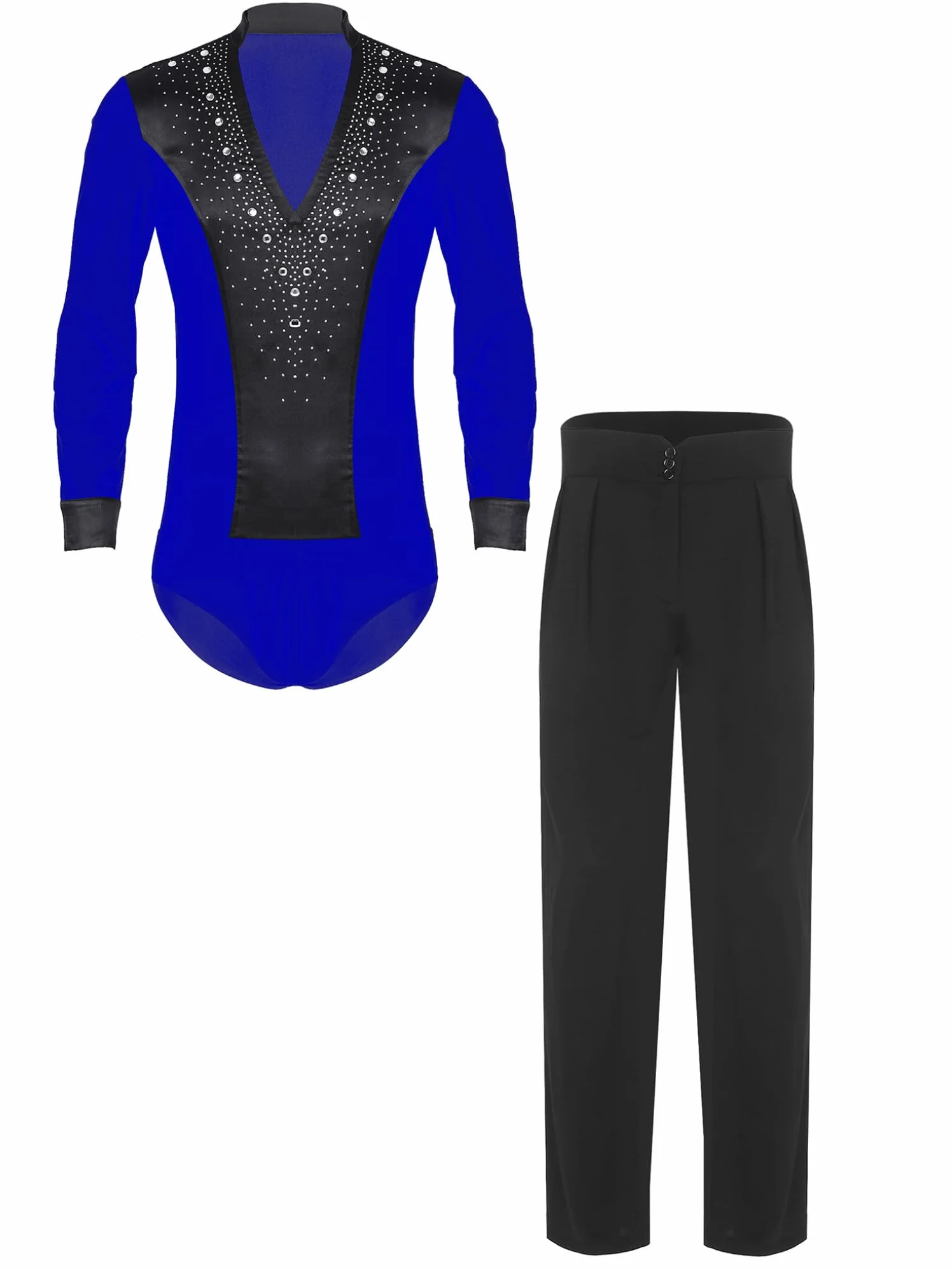 Oyolan Homme Tenue Danse Latine Body Justaucorps Manches Longues Strass Pantalon Danse Salsa Rumba Cha Cha
