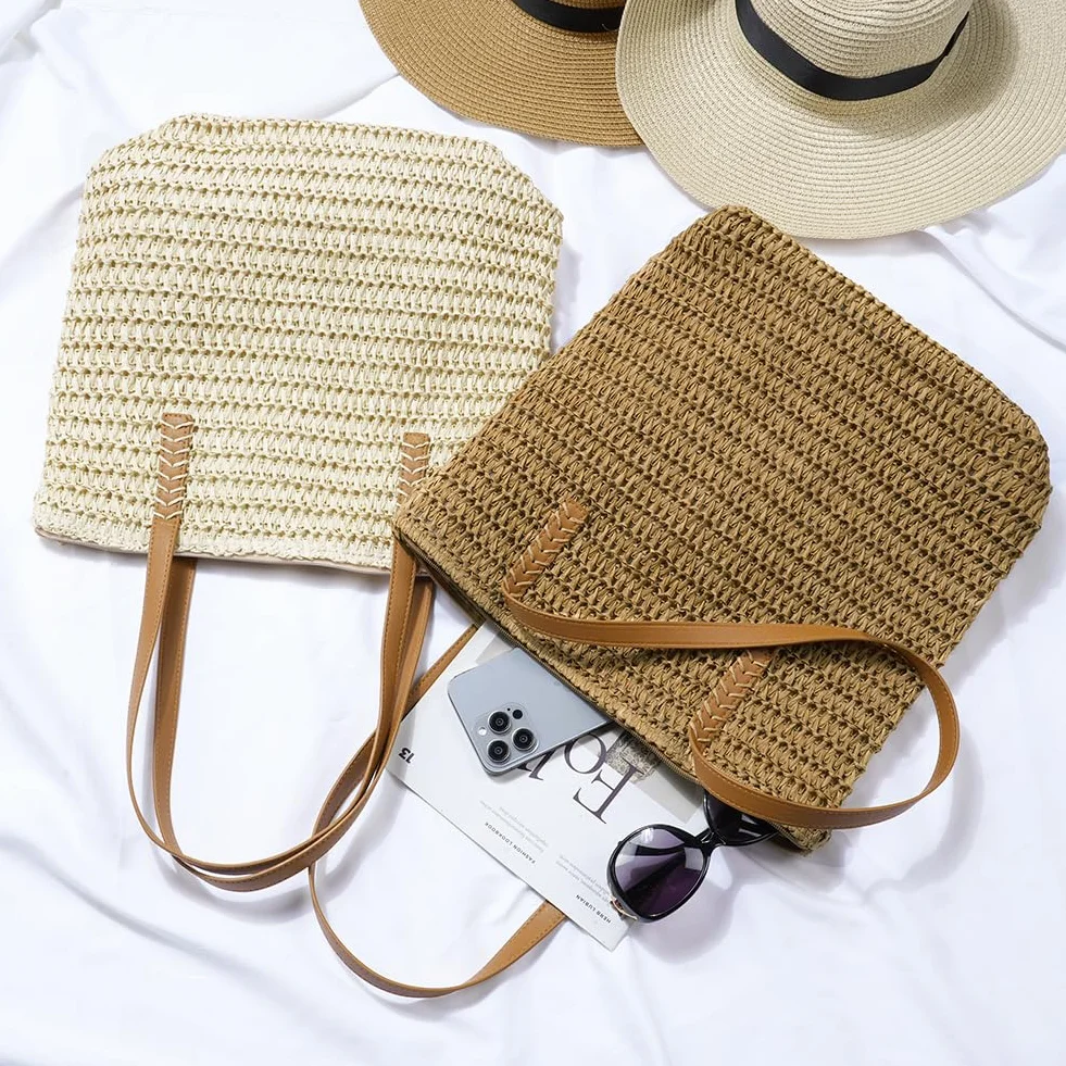 Sac à bandoulière en paille pour femme, grand sac de plage à fermeture éclair, fourre-tout bohème d'été