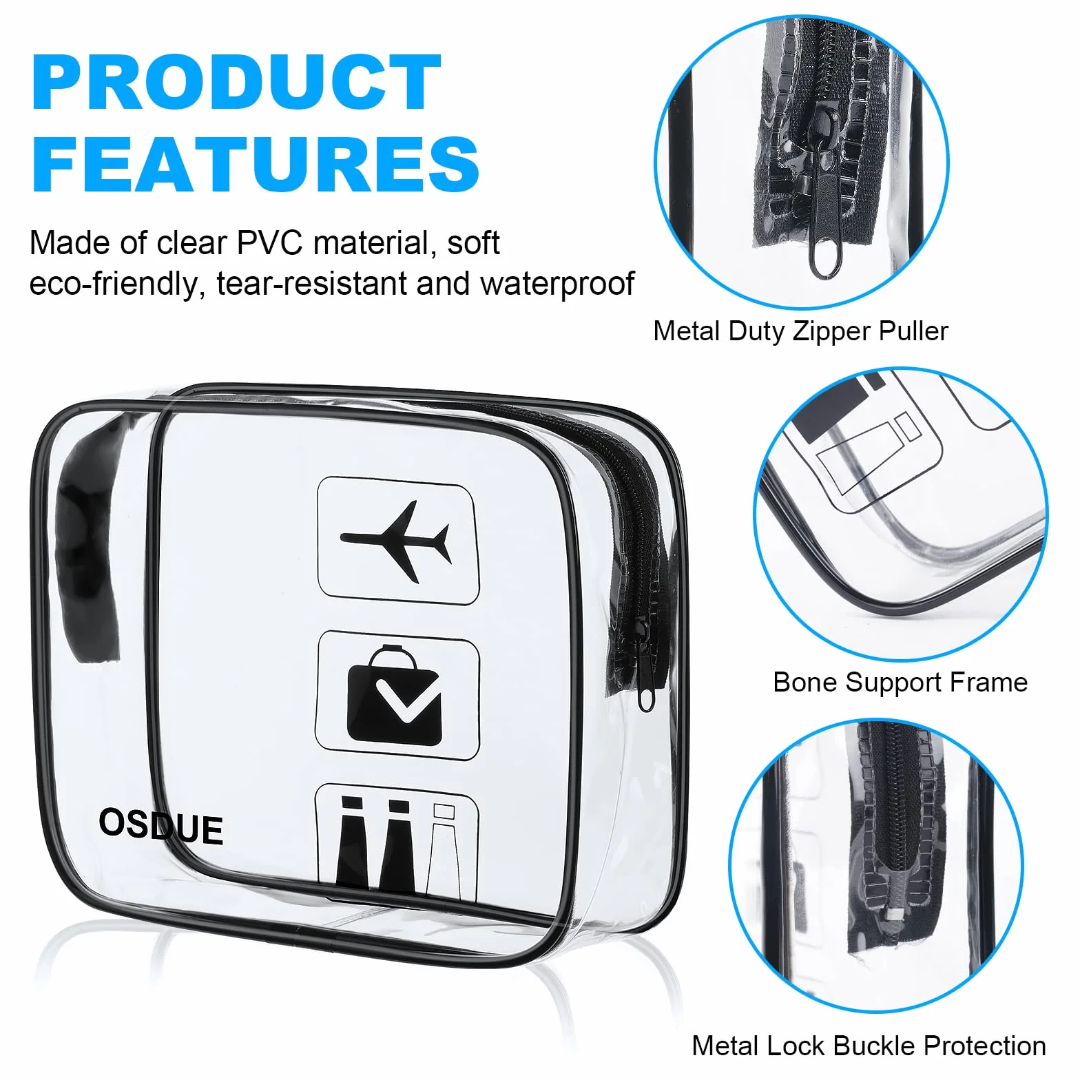 Trousse de Toilette Transparente PVC Étanche 2 Pièces Kit Voyage Avion Noir
