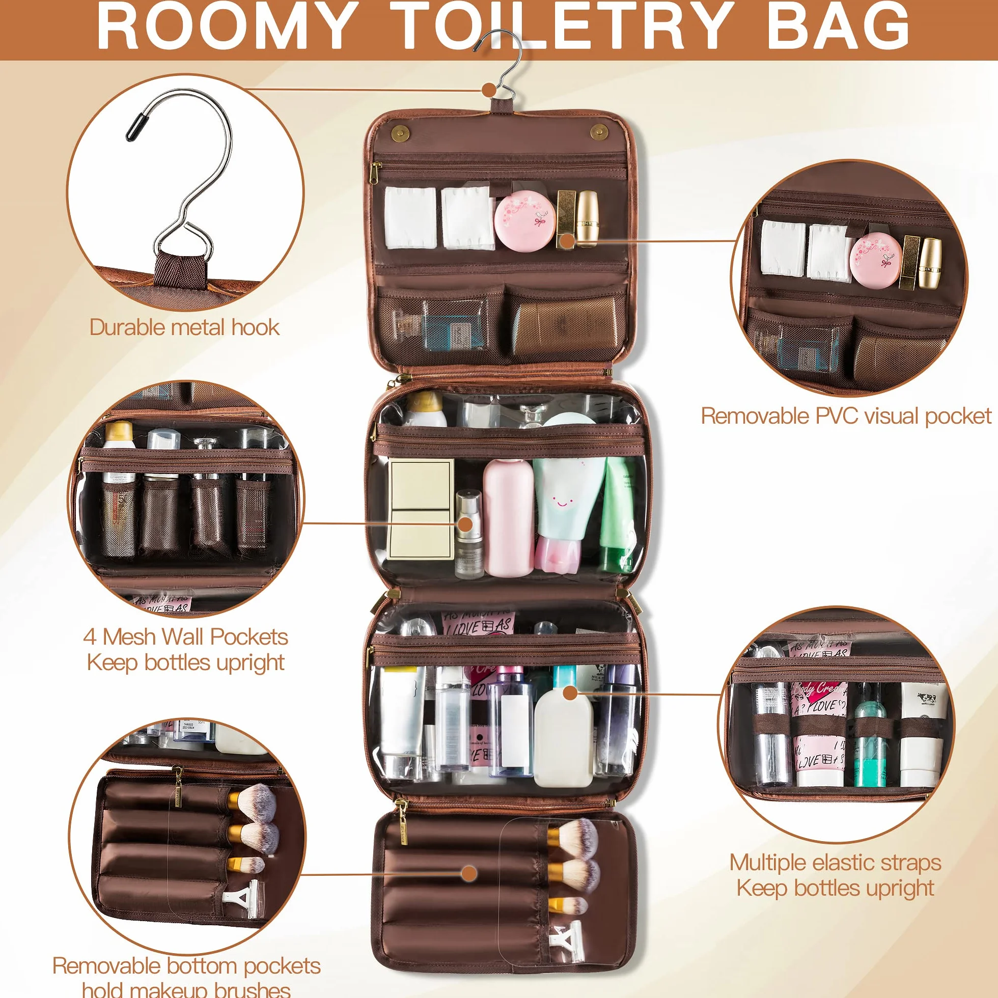 Trousse de Toilette Homme Femme Voyage Grande Capacité Crochet 3 en 1 Maquillage Amovible Cuir PU Imperméable 28 x 22 x 10 cm Marron Foncé