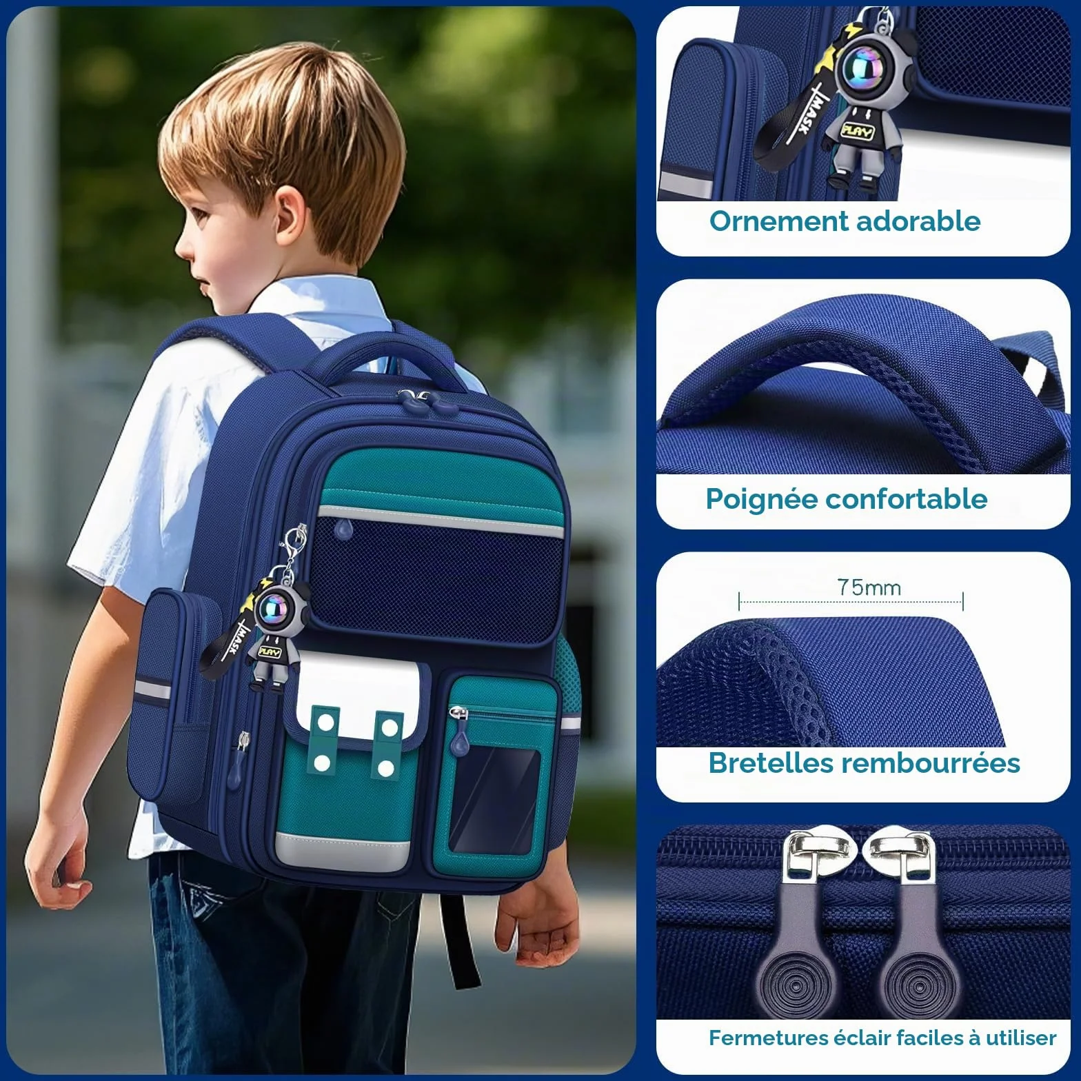 Sac à Dos Primaire Garçons 8-12 Ans Multi-compartiments Bandes Réfléchissantes Vert