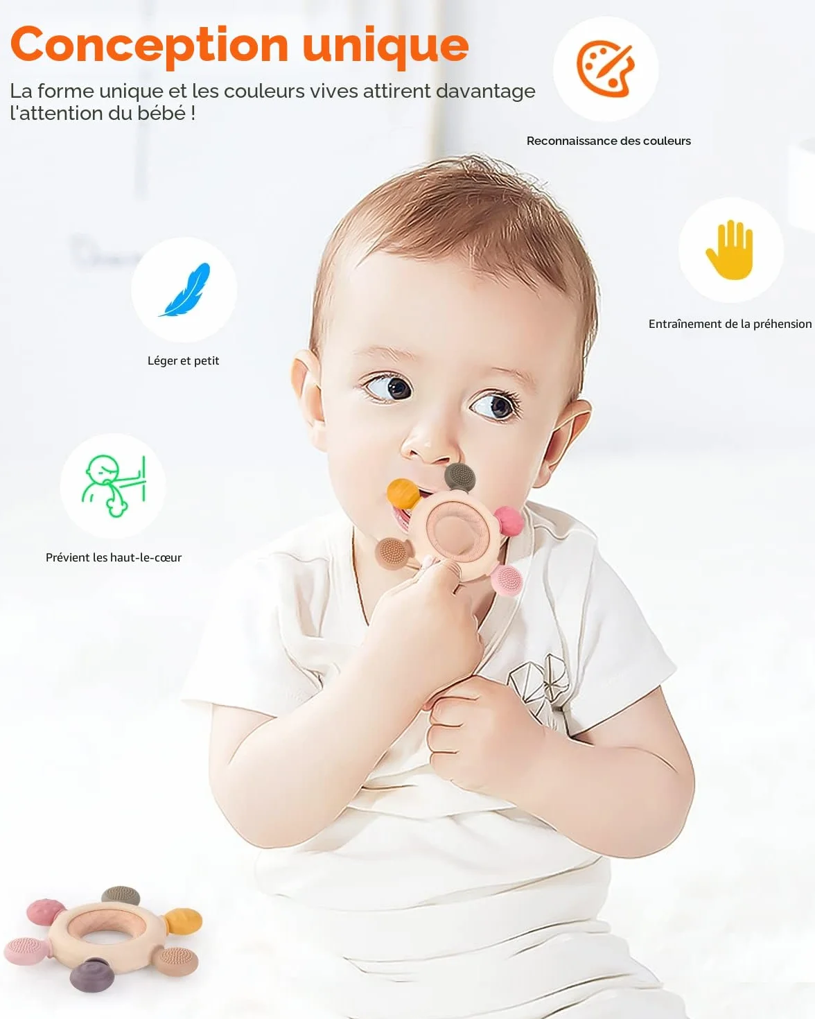 Anneau de Dentition Bébé Silicone Bois Sans BPA 3-12 Mois Jouet Dentition