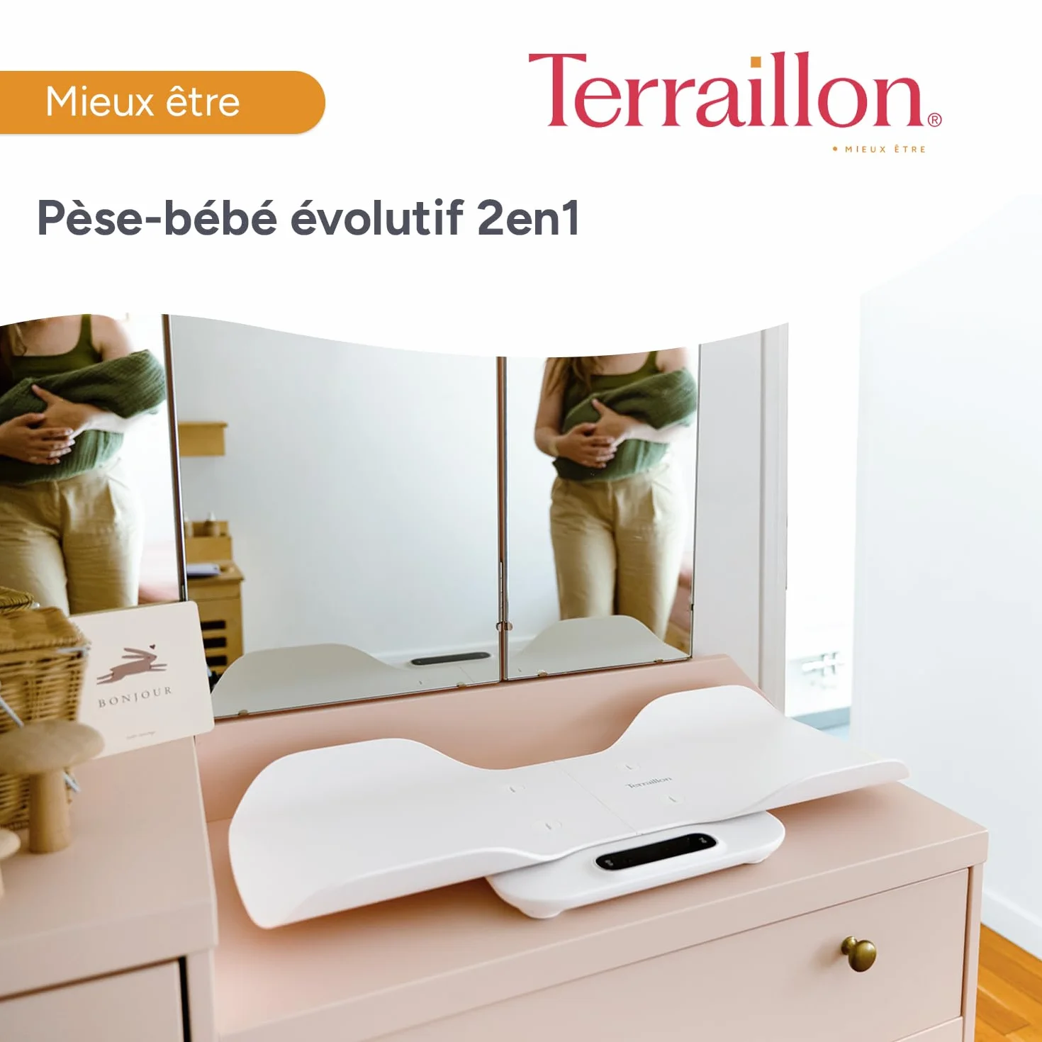 Pèse Bébé 2 en1 électronique TERRAILLON BABY FIT, Nacelle Détachable, Capacité 180 kg, Blanc