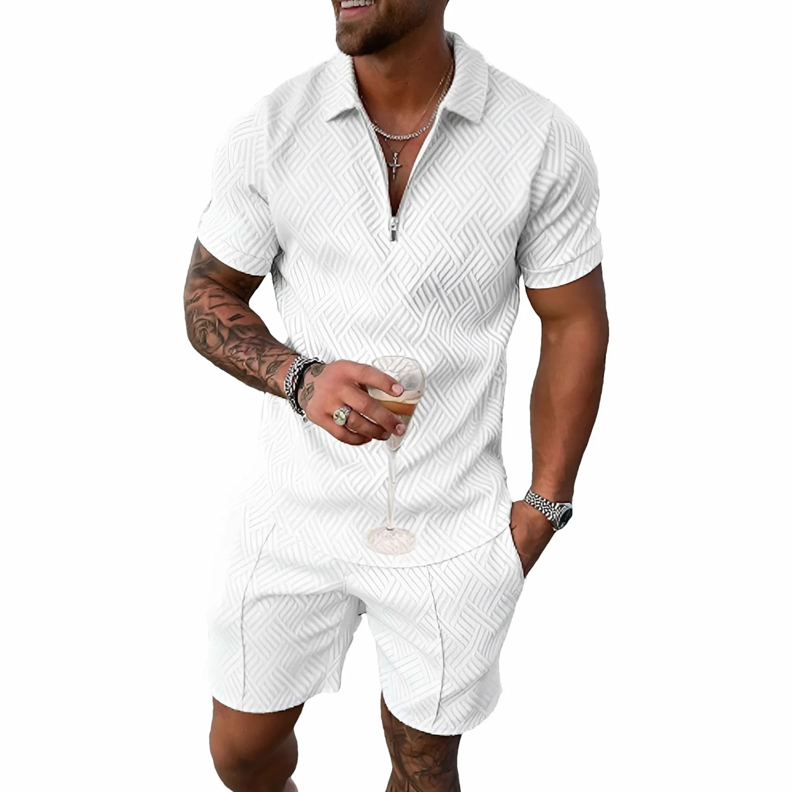 Amropi Homme Survêtement de Sport T-Shirt Manches Courtes Fermeture Éclair Short Ensemble