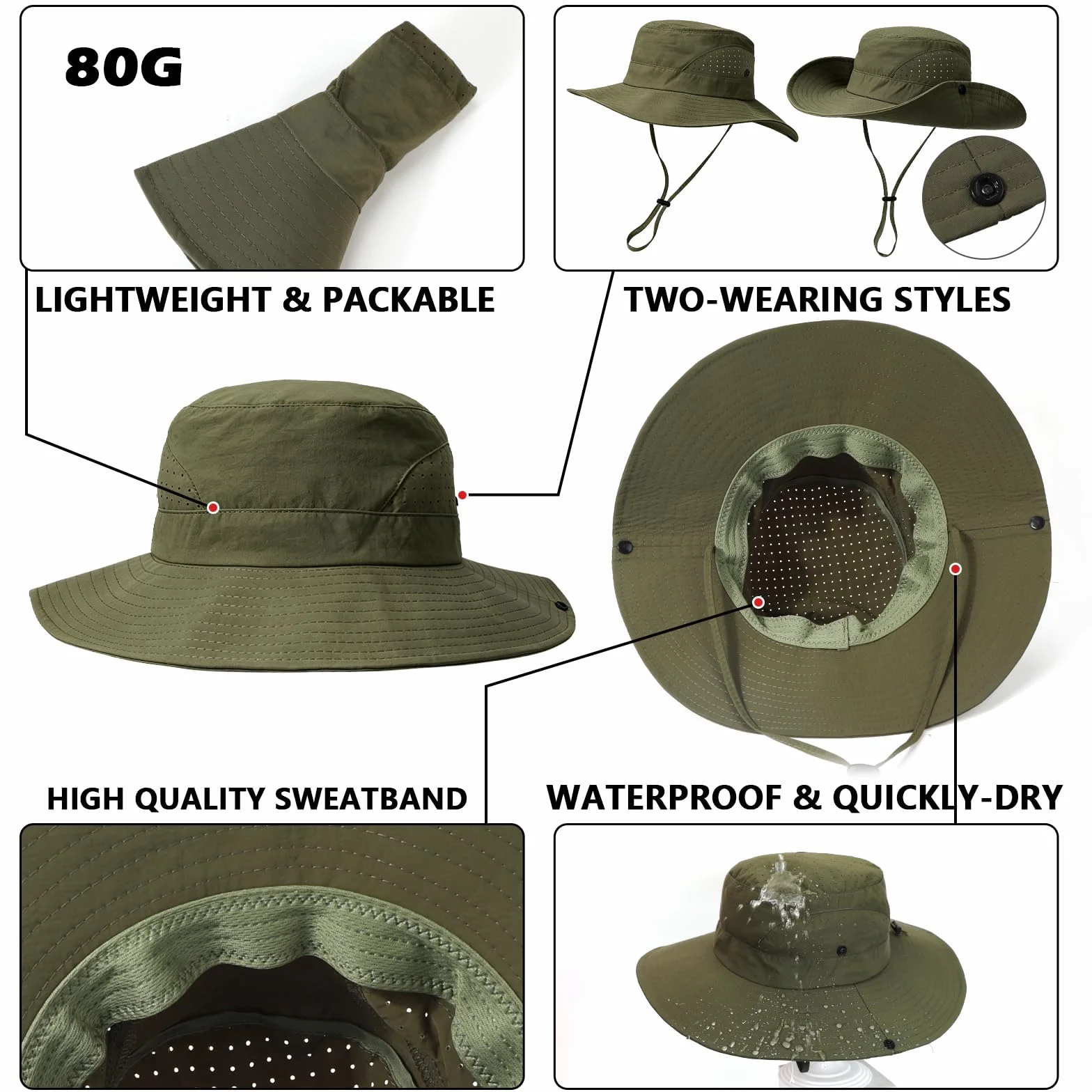 Bucket Hat UPF 50+ Imperméable Léger Large Bord Chapeau de Soleil Respirant Séchage Rapide