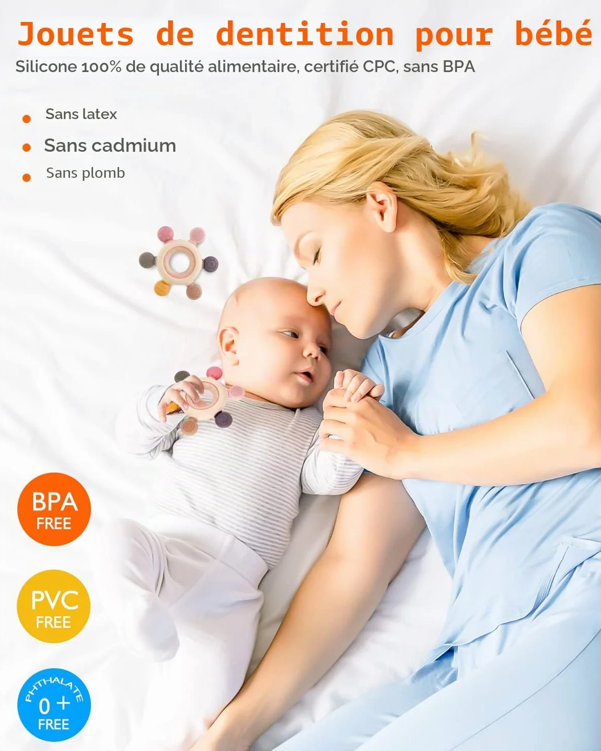 Anneau de Dentition Bébé Silicone Bois Sans BPA 3-12 Mois Jouet Dentition