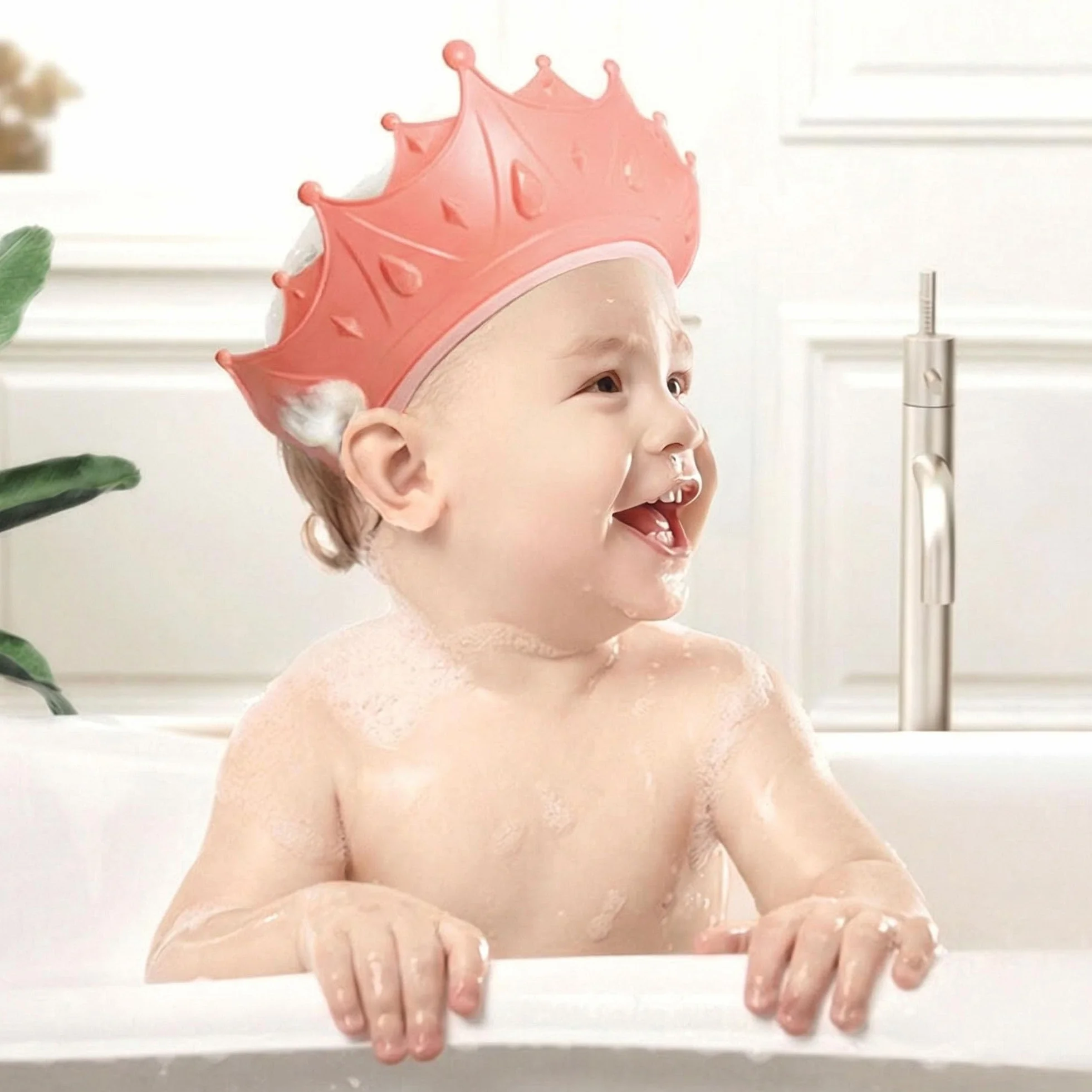 Visière Bain Bébé Chapeau Douche Enfant Ajustable en Silicone Casquette Douche 1-9 Ans Couronne Rose
