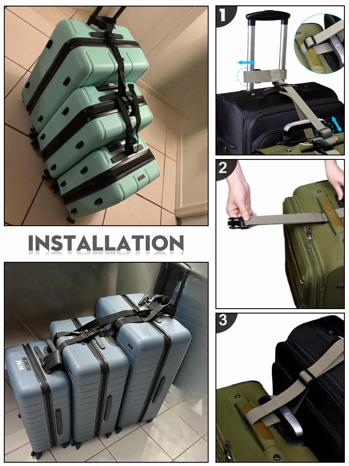 Sangles de Voyage pour Relier 3 Valises, 2 Pièces Noires, 3,2 cm, Accessoires de Sac Réglables avec Boucles