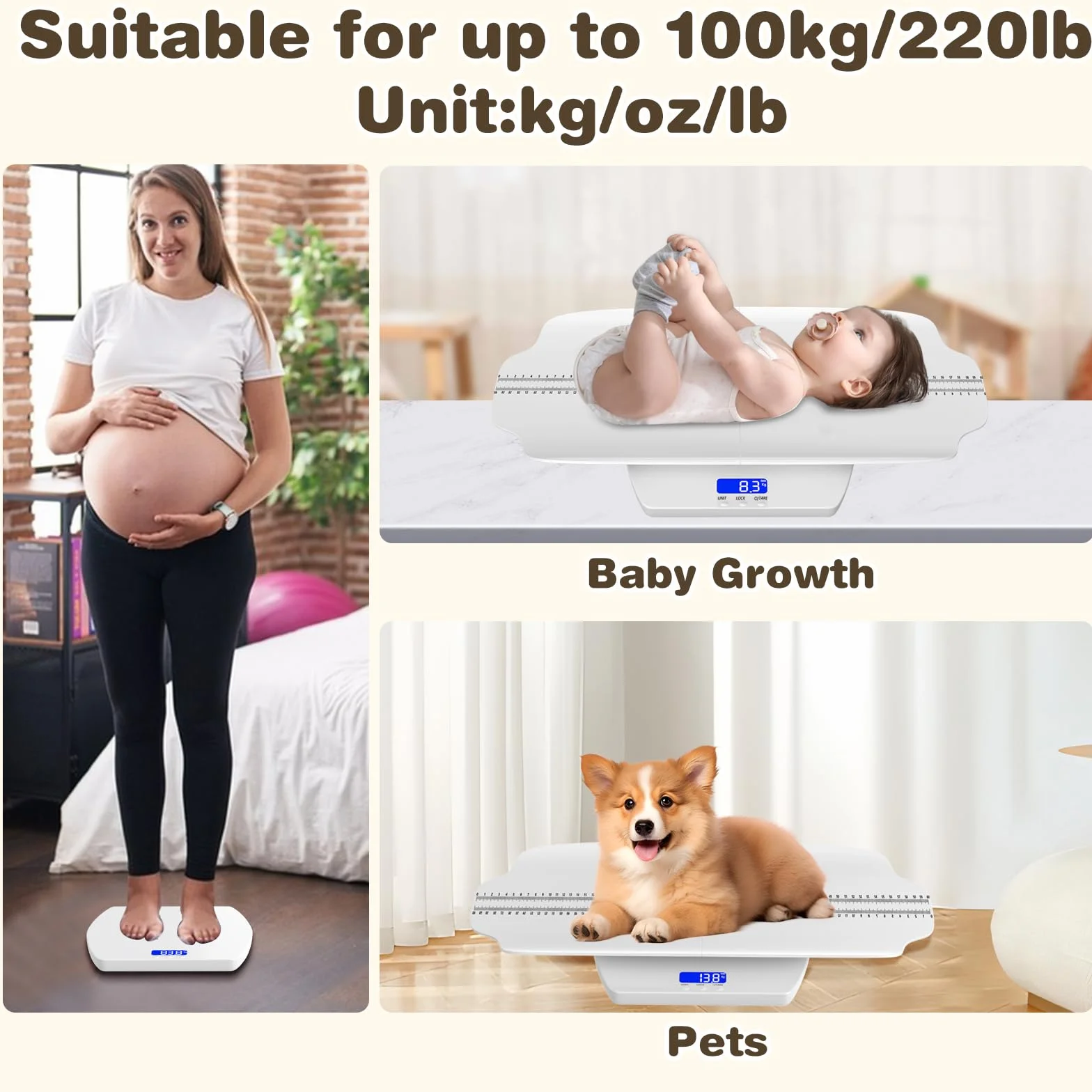 Pèse-bébé avec Plateau Amovible 100 kg Balance Bébé Électrique écran LCD 3 modes de Pesée kg/oz/lb pour Chien Chat