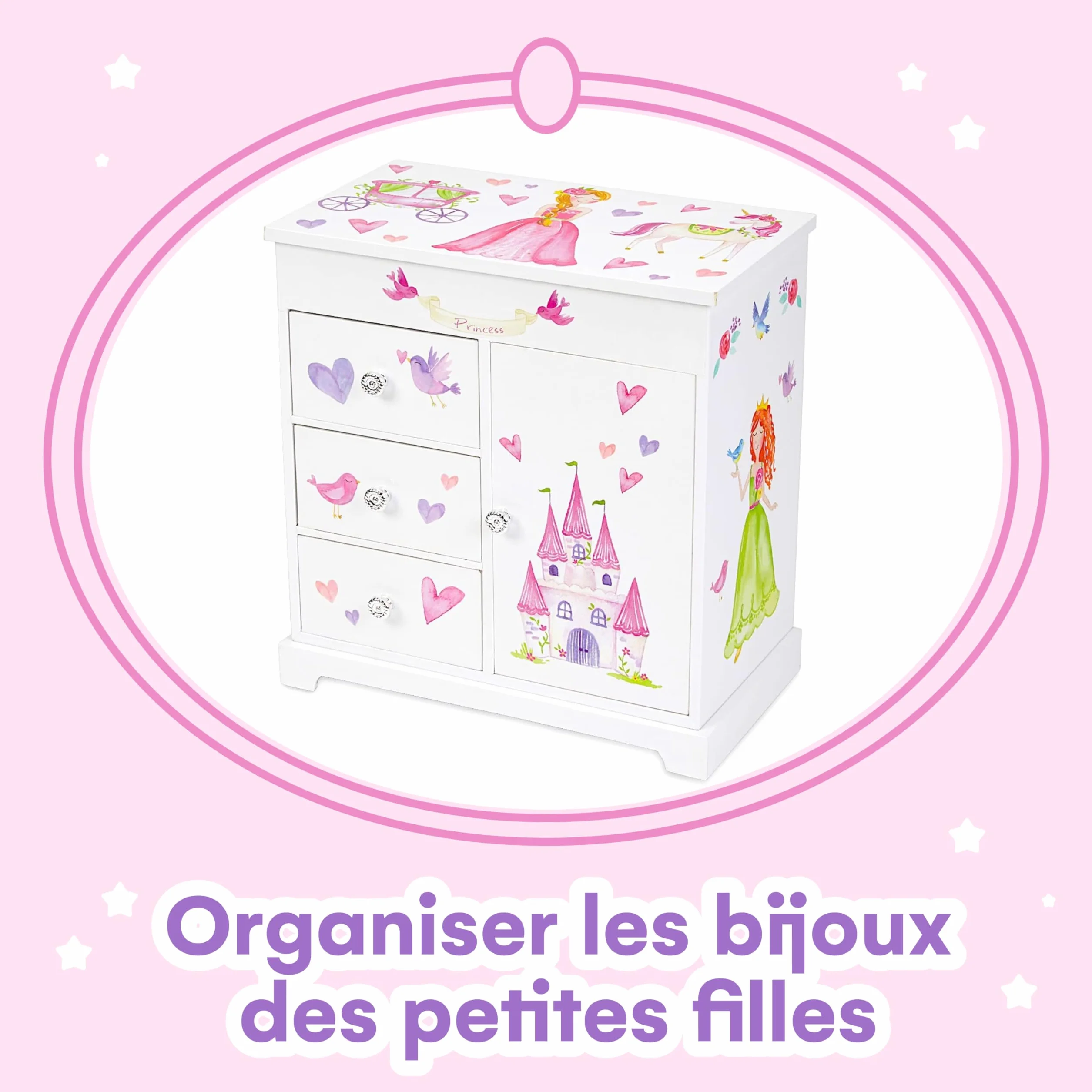 Jewelkeeper boîte à bijoux princesse musicale avec 3 tiroirs licorne château fées mélodie danse fée dragée