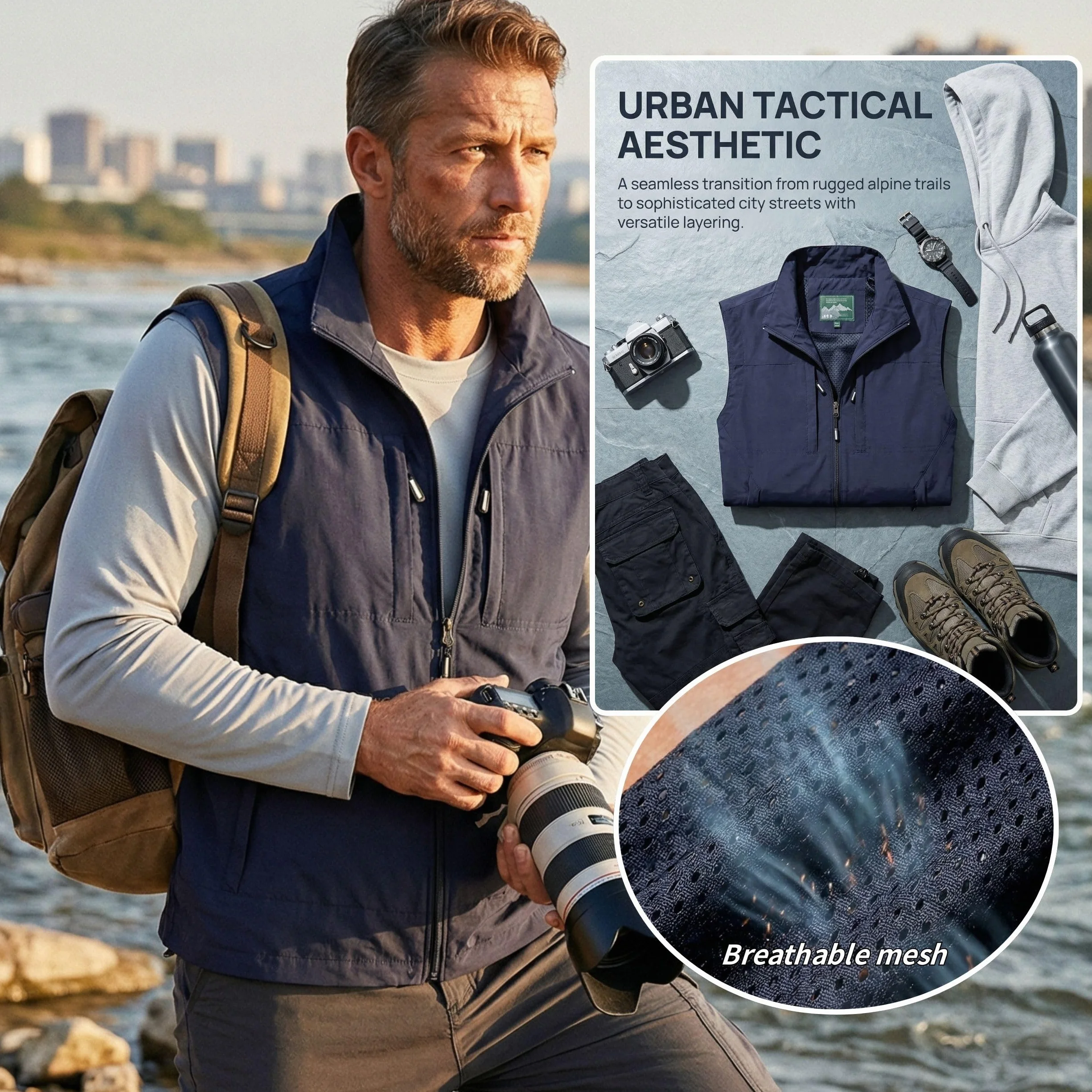 Gilet Multi-Poches Léger Respirant pour Pêche Plein Air Chasse Camping Photographie