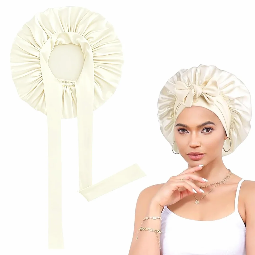 Bonnet en Soie Nuit pour Dormir, Bonnet de Nuit en Satin Ajustable, Bonet Soie Cheveux Femmes Couchage Maquillage (Blanc)