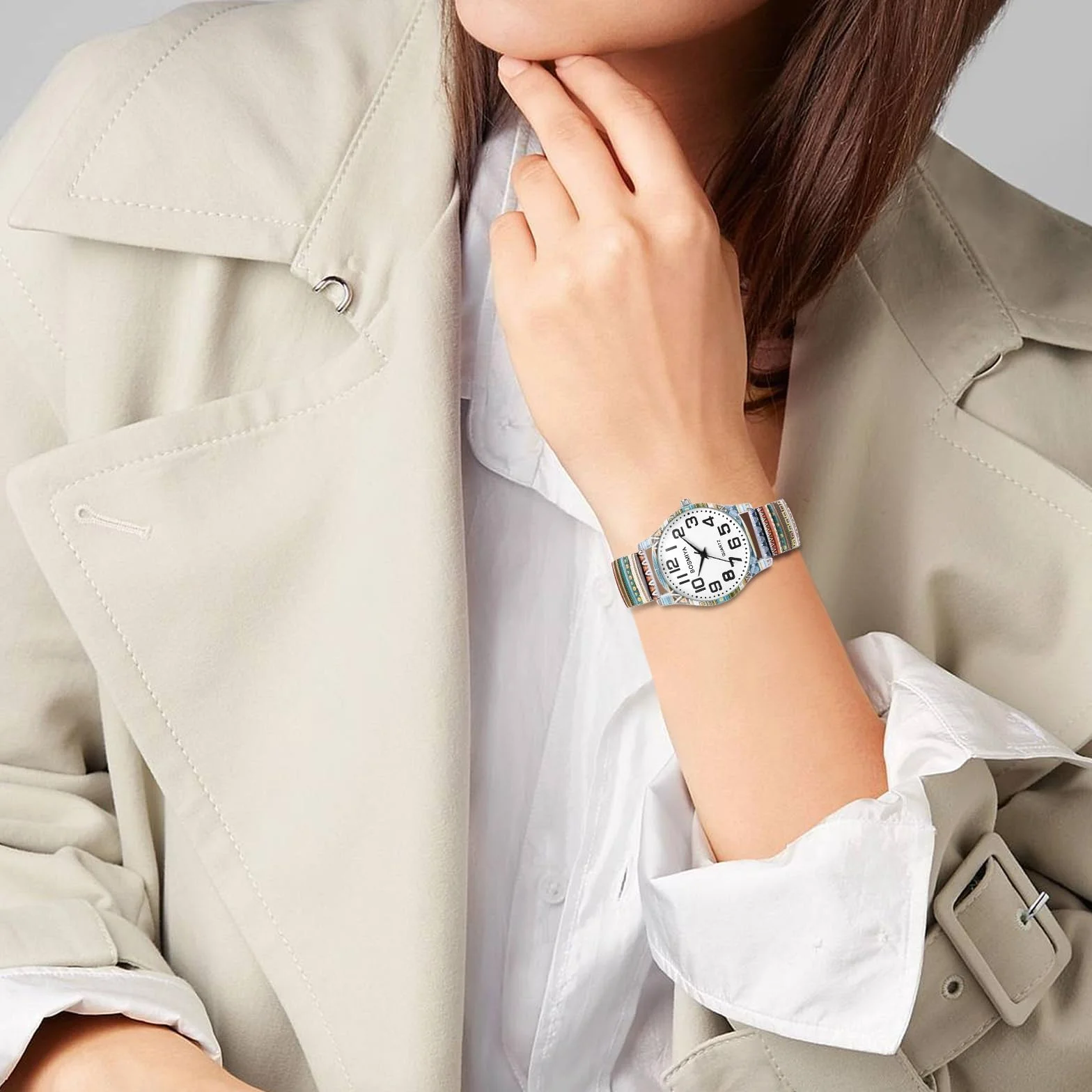 Montre Femme Bohème Extensible Acier Inoxydable Bracelet Élastique Fantaisie Grand Chiffres Arabes