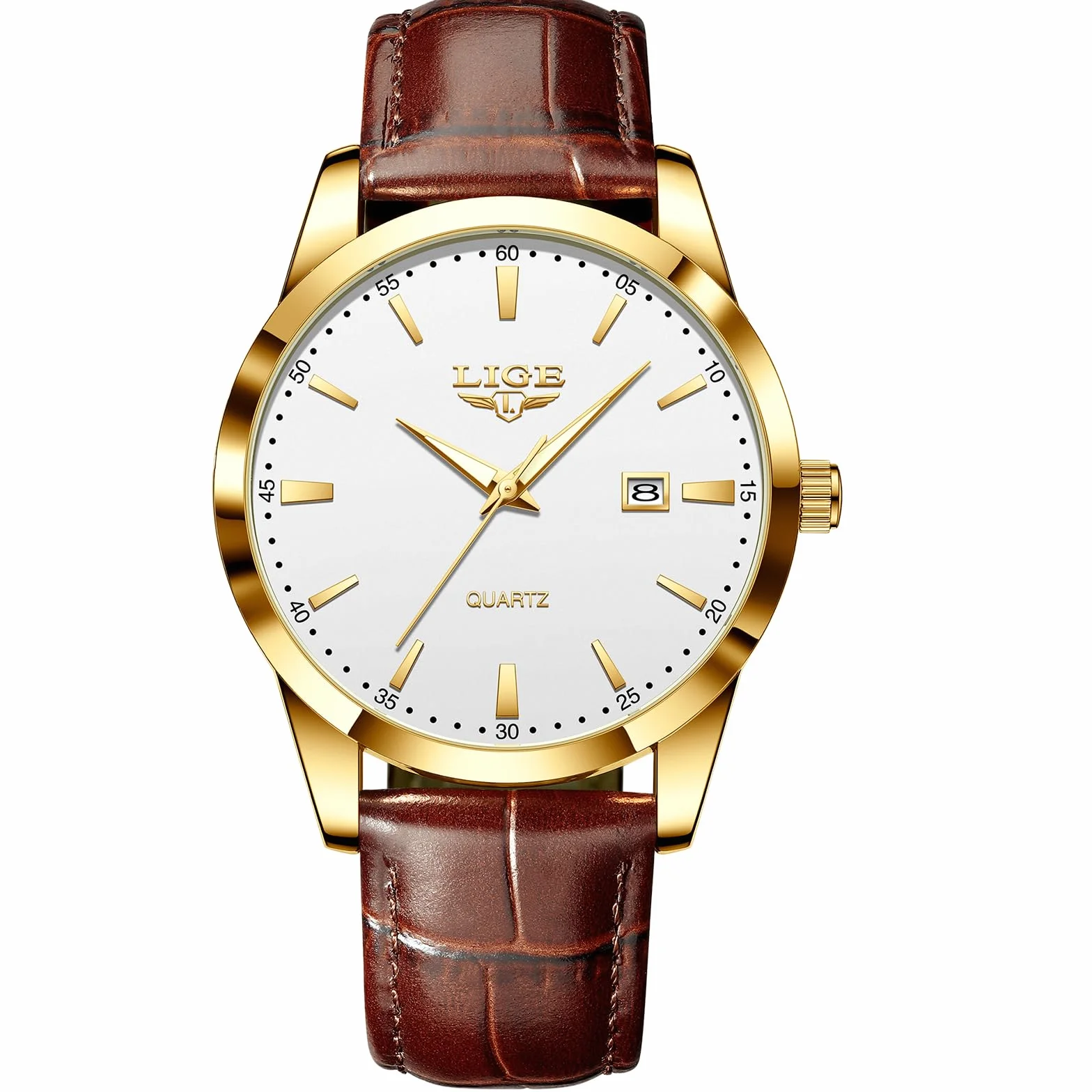 LIGE Montre Hommes Date Étanche Quartz Cuir Jaune-Brun