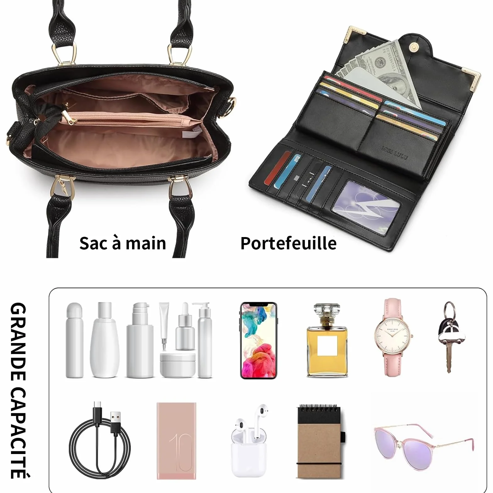 Miss Lulu Sac à Main Femme avec Portefeuille Sac Bandoulière en Simili Cuir Texture Litchi