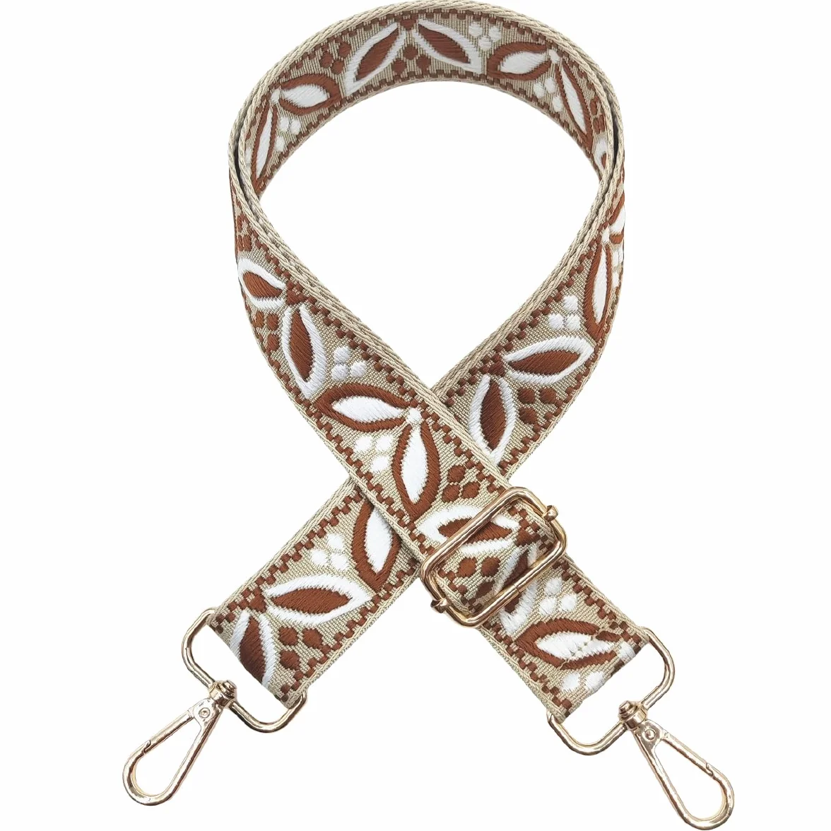 Sangle Large Sac Bandoulière Remplacement Réglable 3.8cm Mousqueton Dorée Beige-Marron Foncé