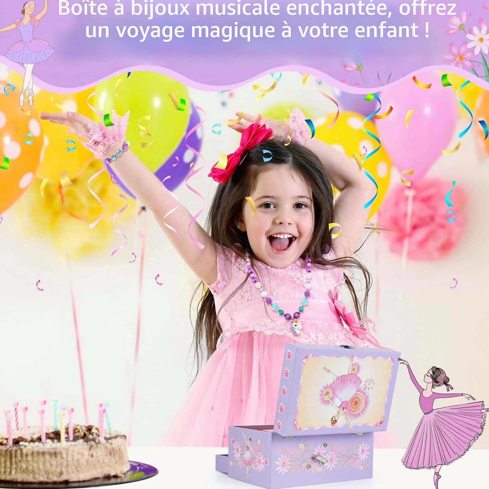 Boîte à bijoux musicaux avec tiroir et ballet rotatif pour enfants filles