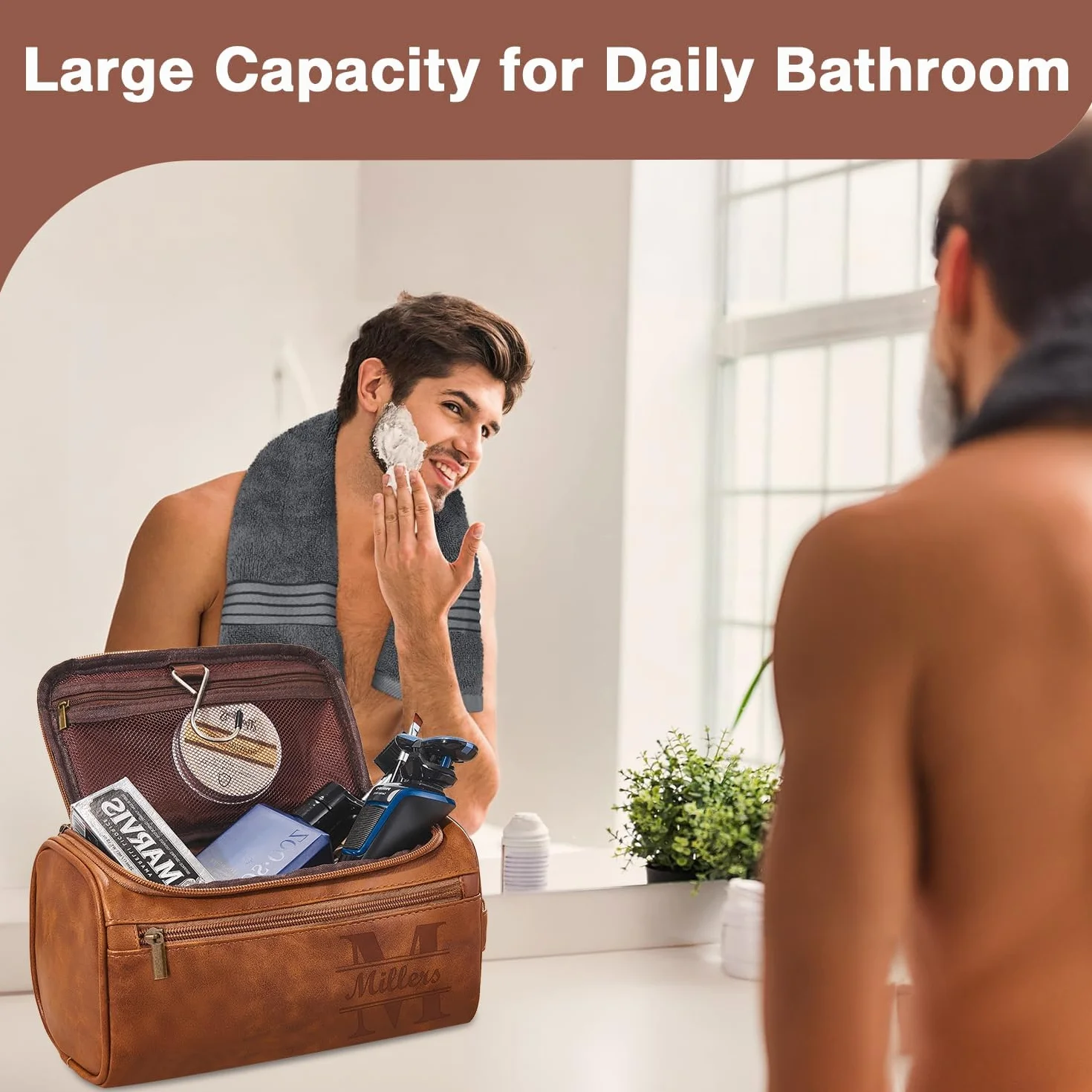 Trousse de toilette à suspendre personnalisée pour homme, sac en cuir PU monogrammé gravé au laser, poches double face, organisateur de voyage