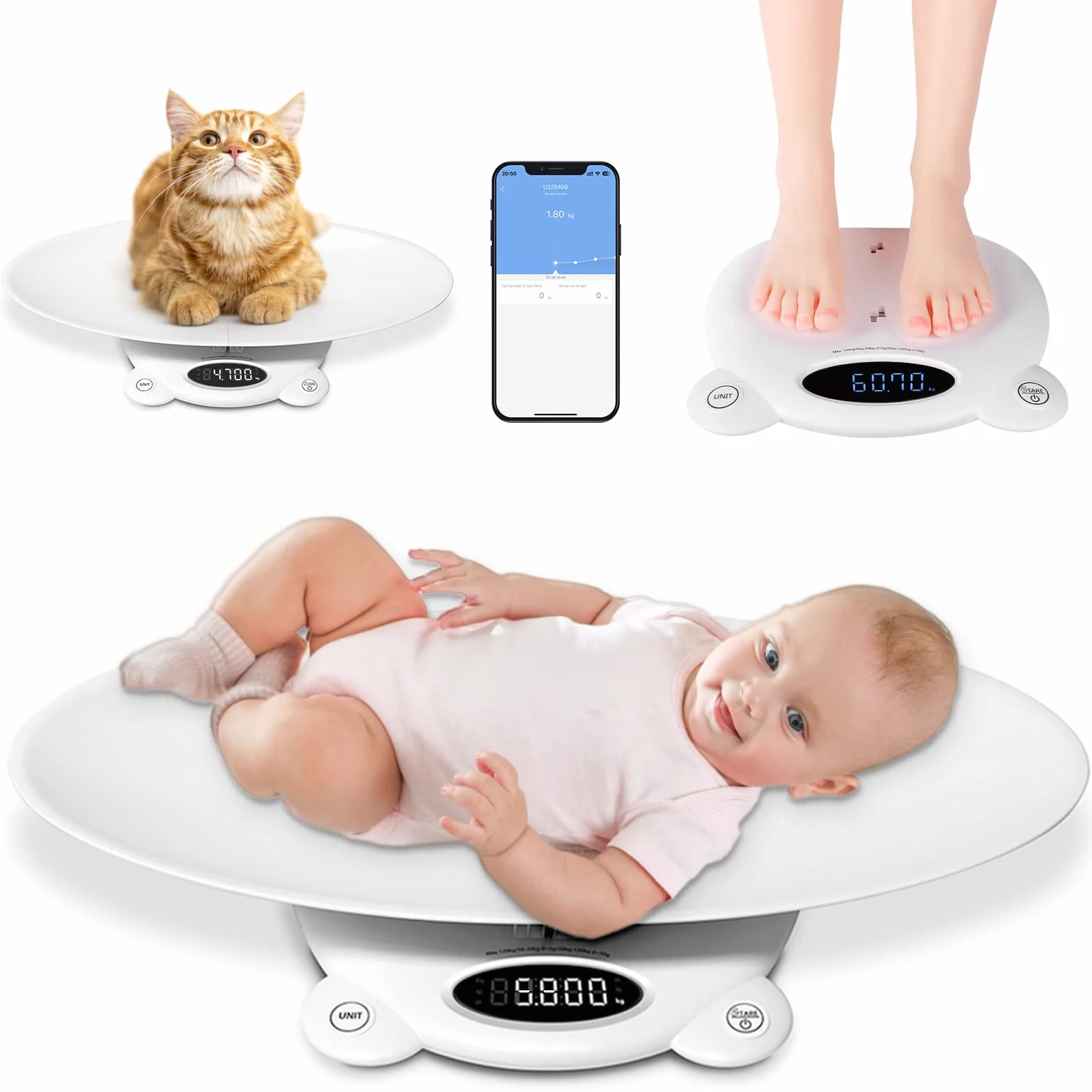 FitTrack Pèse-Personne Bluetooth pour Animaux et Adultes, Balance avec Fonction Tare, Écran LCD, 20-120 kg